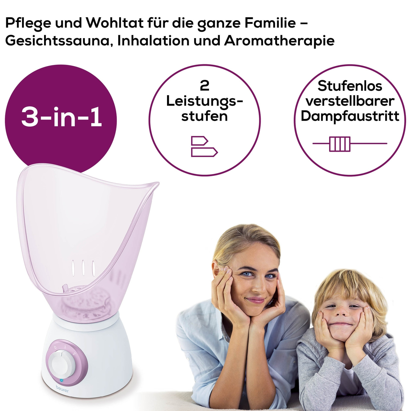 Donna e bambino con un vaporizzatore per il viso. Accenti viola, sfondo bianco. Icone per il vapore.