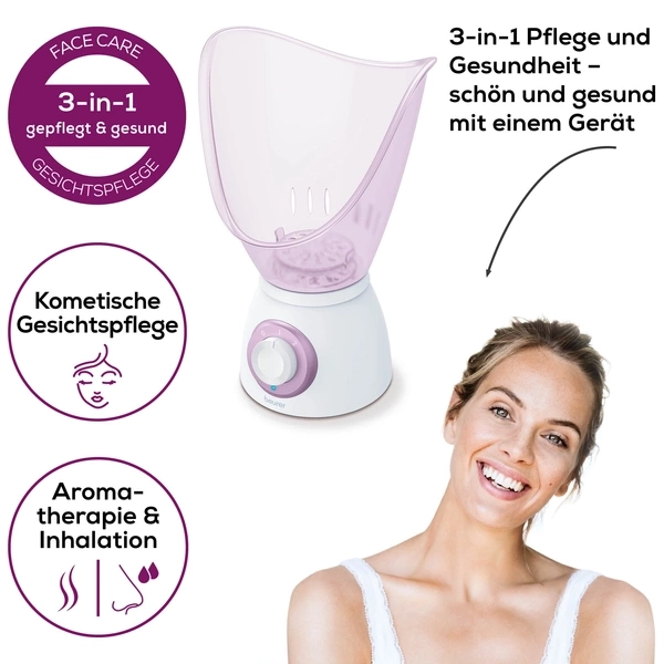 Un vaporizzatore facciale bianco e viola con testo che spiega le sue caratteristiche e una donna sorridente.