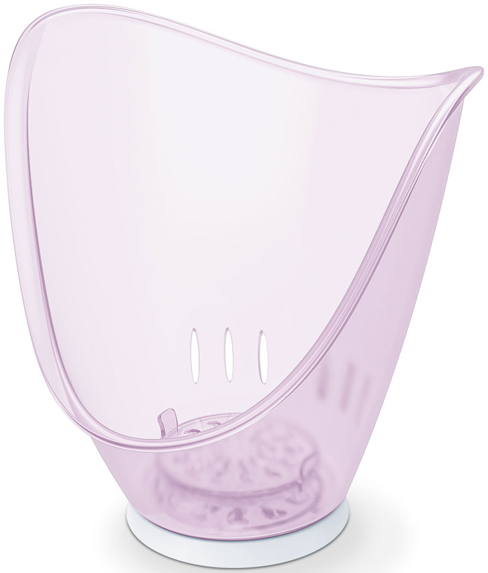 Un vaporizzatore facciale rosa. La parte superiore è curva. Ha tre fori e una base bianca.