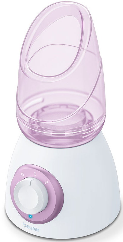 Vaporizzatore facciale bianco e rosa con un quadrante di controllo, su sfondo bianco.