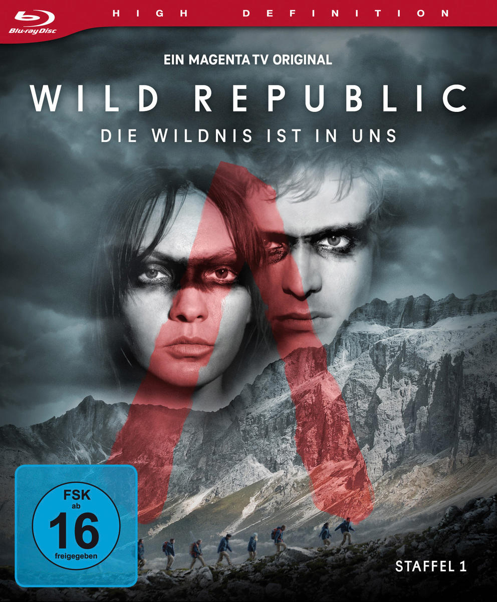 Filmcover: Mann und Frau mit roten Markierungen, Titel: WILD REPUBLIC und deutscher Text.