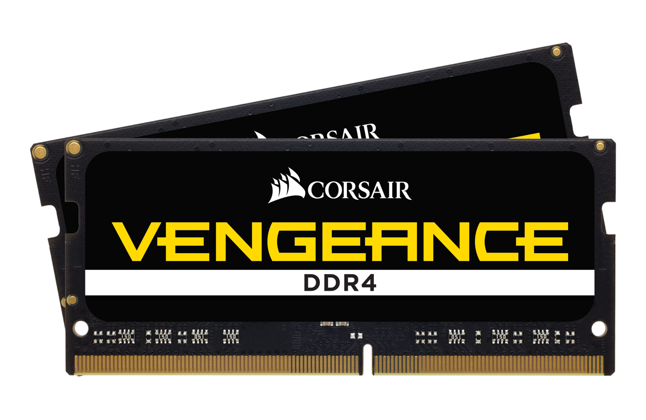 Due moduli RAM Corsair Vengeance DDR4 neri con testo giallo e bianco su nero.