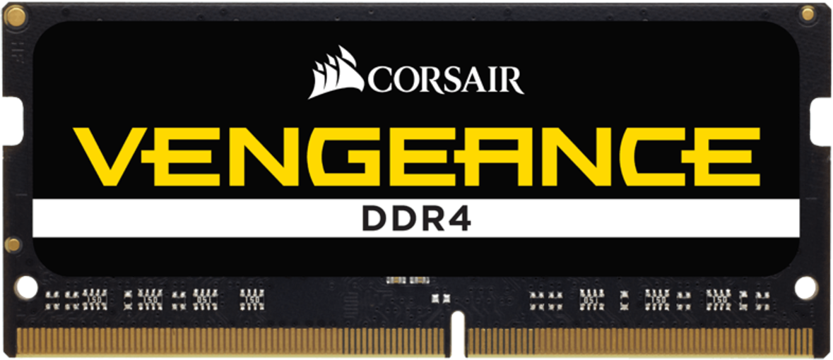 Modulo RAM DDR4 Corsair Vengeance nero con testo 'Vengeance' giallo e logo Corsair su sfondo nero.