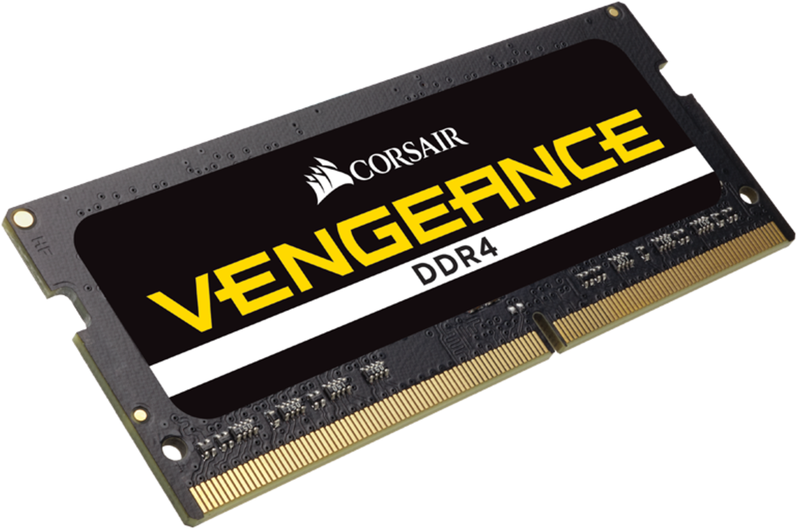Modulo RAM con etichetta Corsair Vengeance nera e gialla, su sfondo nero.