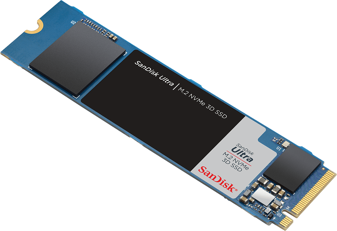 Nahaufnahme einer Sandisk Ultra M.2 NVMe 3D SSD auf schwarzem Hintergrund.