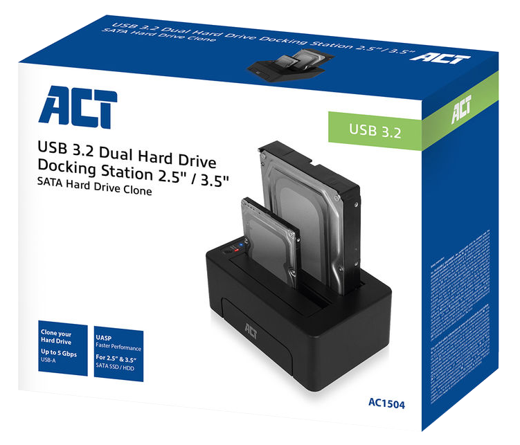 Egy fekete USB 3.2 Dual Hard Drive Docking Station doboz, benne meghajtókkal.