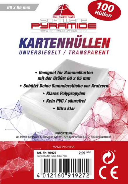 Stapel transparenter Kartenhüllen. Text auf Deutsch: 'Kartenhüllen', 100 Stück, für 68x95mm Karten.