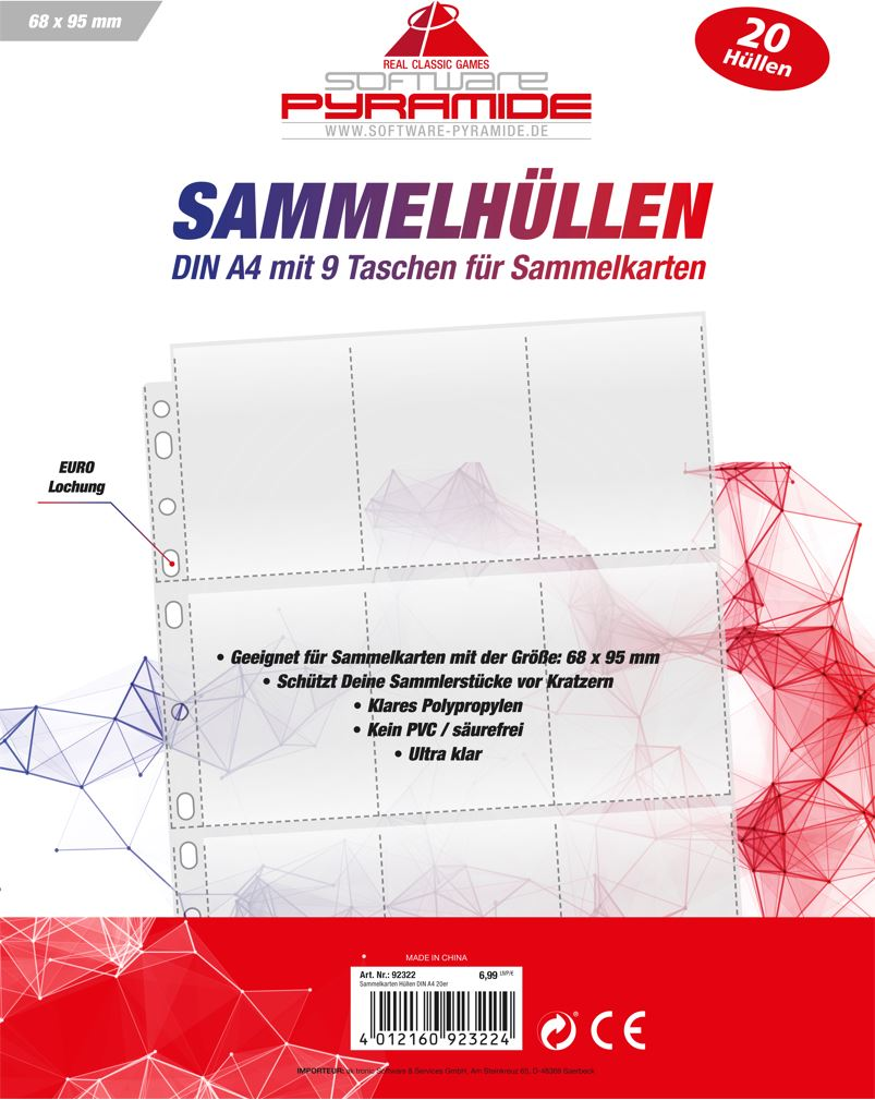 Kartenhüllen-Verpackung, klarer Kunststoff, Text auf Deutsch, weißer Hintergrund.