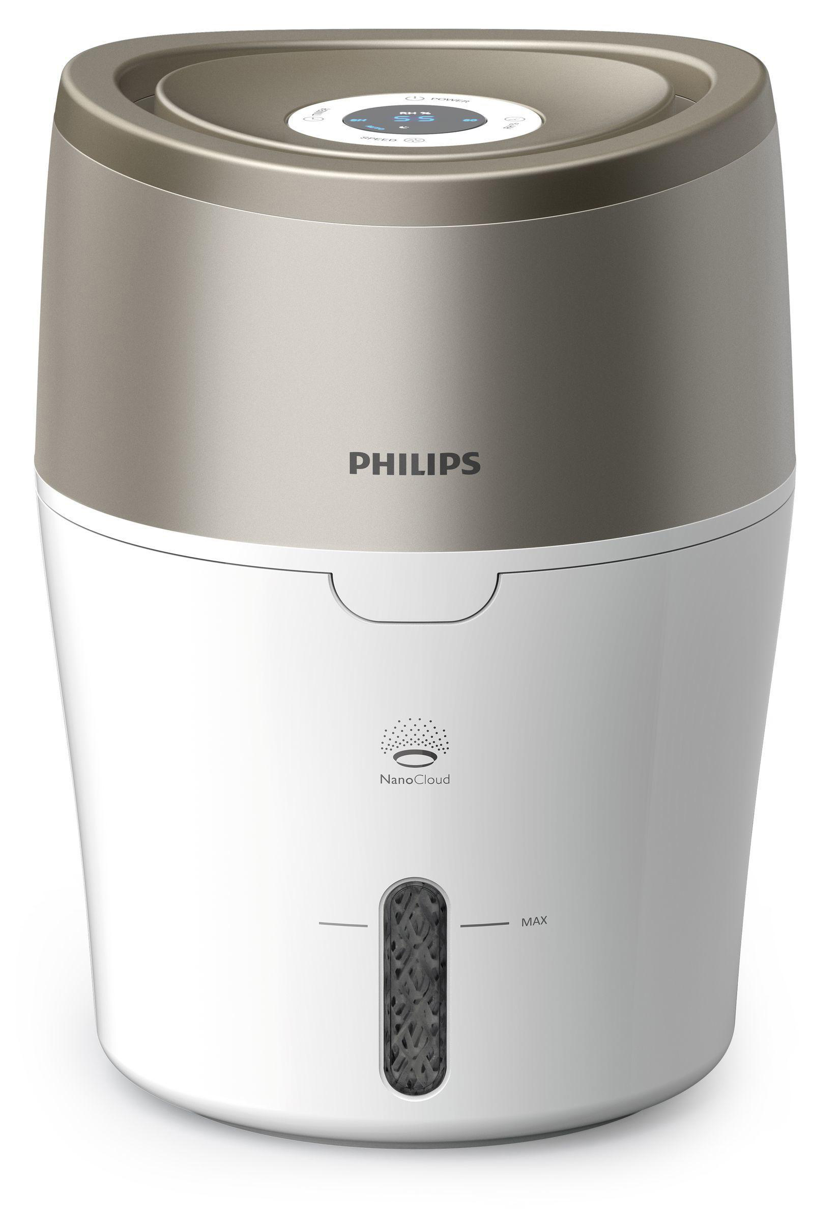 Weiß-grauer Philips Luftbefeuchter. Wasserstandsanzeige und Logo.