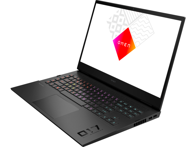 Laptop Omen negro abierto, mostrando teclado y pantalla con logo. Teclado retroiluminado con teclas coloridas. Pantalla muestra logo.