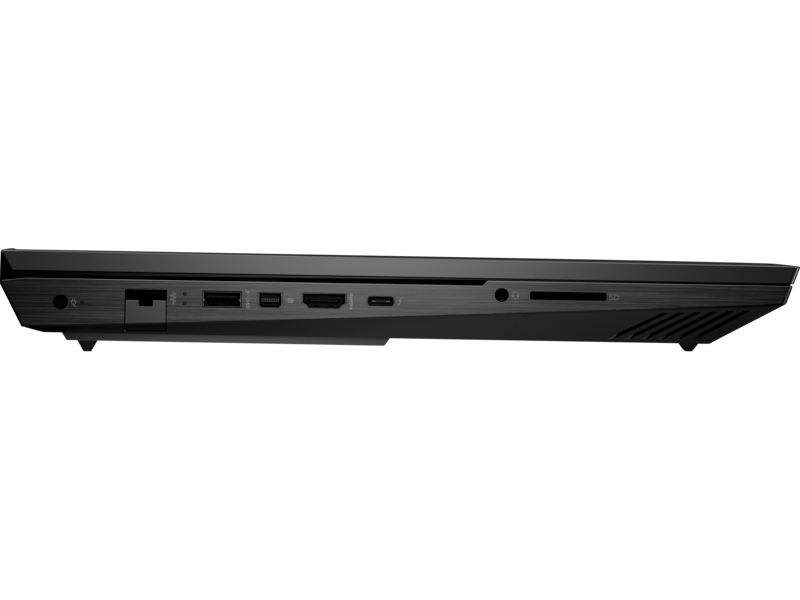 Vista lateral de un portátil negro que muestra puertos, incluyendo HDMI, USB y un lector de tarjetas SD.