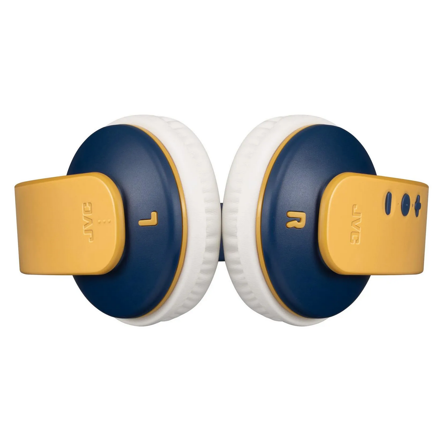Auriculares JVC amarillos y azules. Las orejeras están plegadas, mostrando el interior.