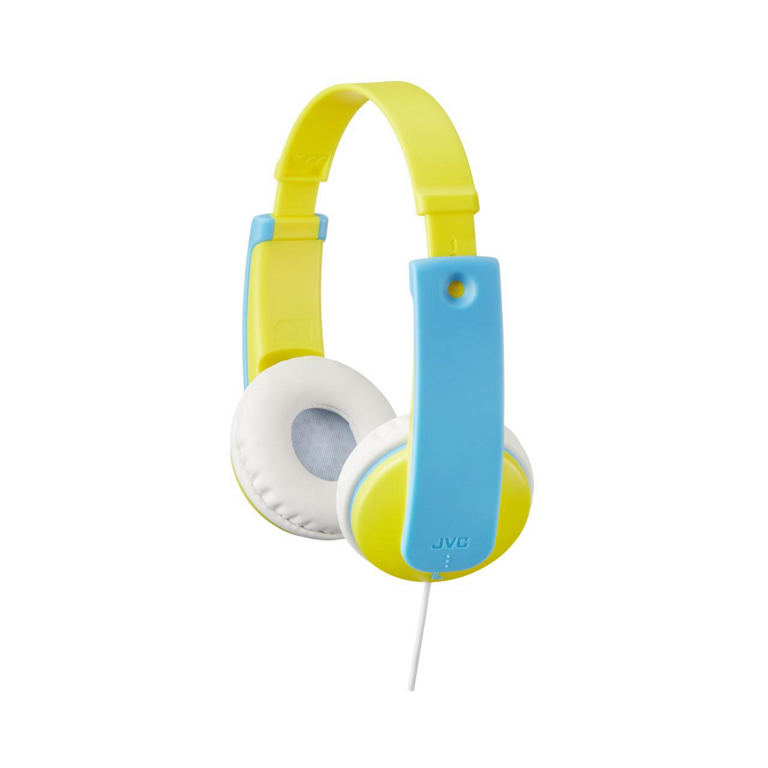 Auriculares amarillos y azules. Los auriculares están sobre un fondo blanco.
