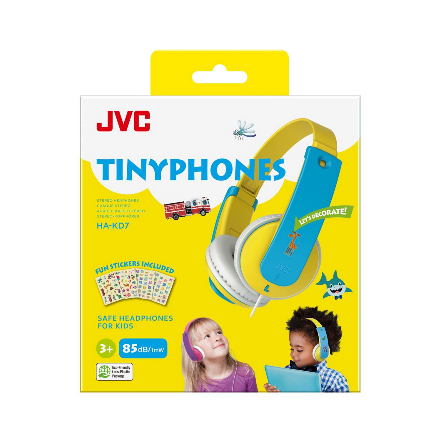 Caja de auriculares JVC Tinyphones, con niños y pegatinas.