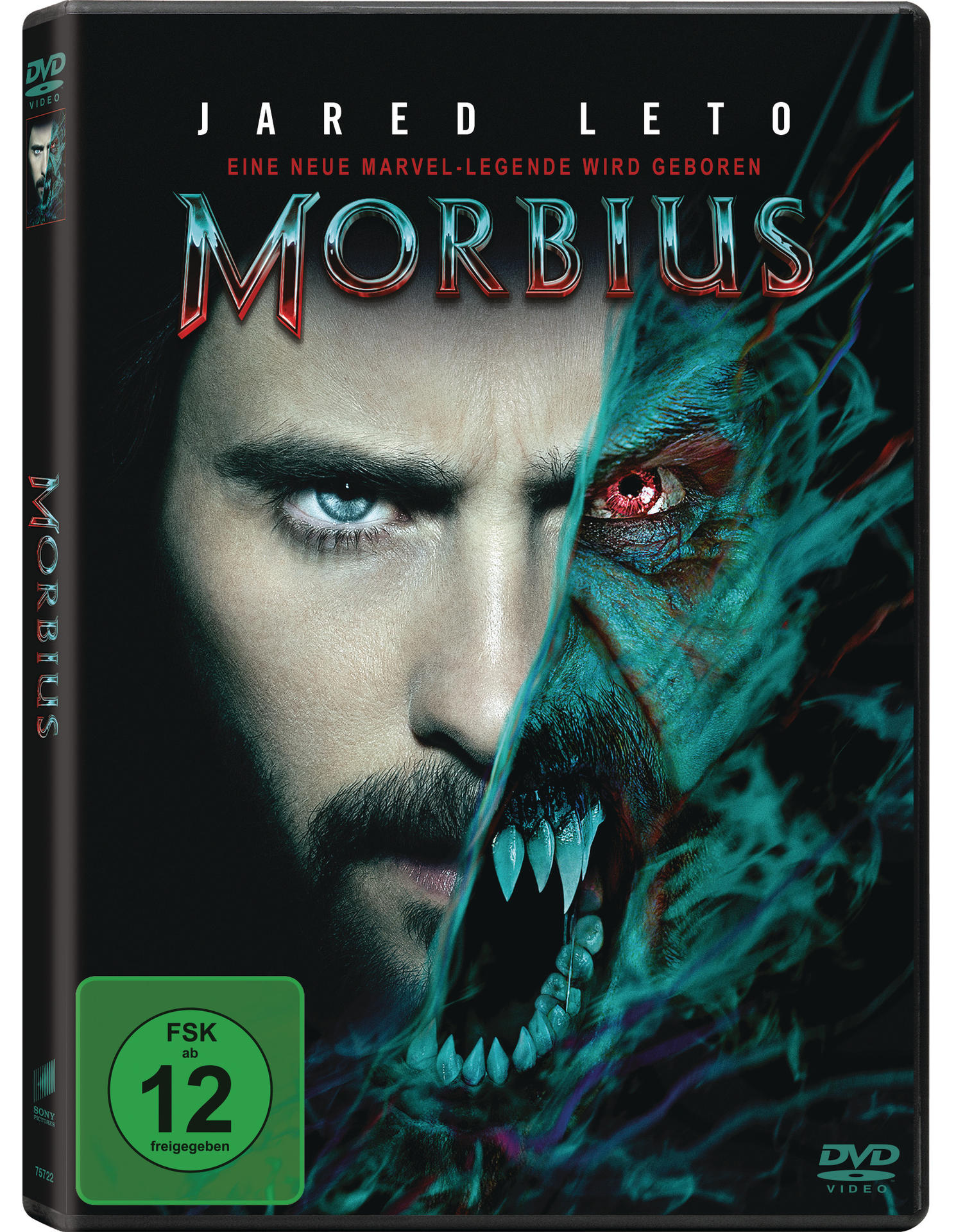 DVD-Cover von Morbius. Jared Letos Gesicht gespalten mit einem Monster. Dunkler Hintergrund. Filmtitel.