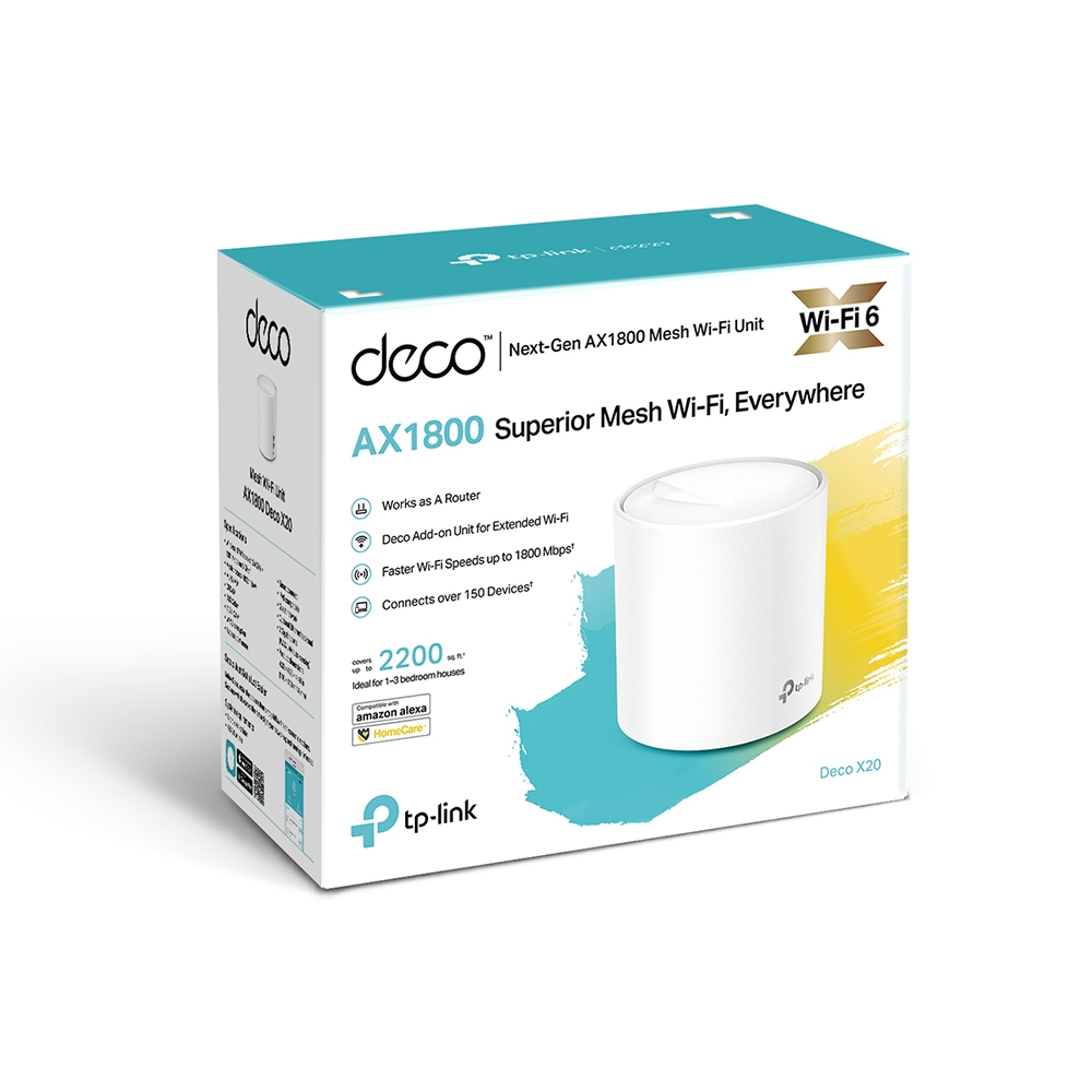 Deco Wi-Fi 6 router box, white and blue, with a white router, isolated on a white background.