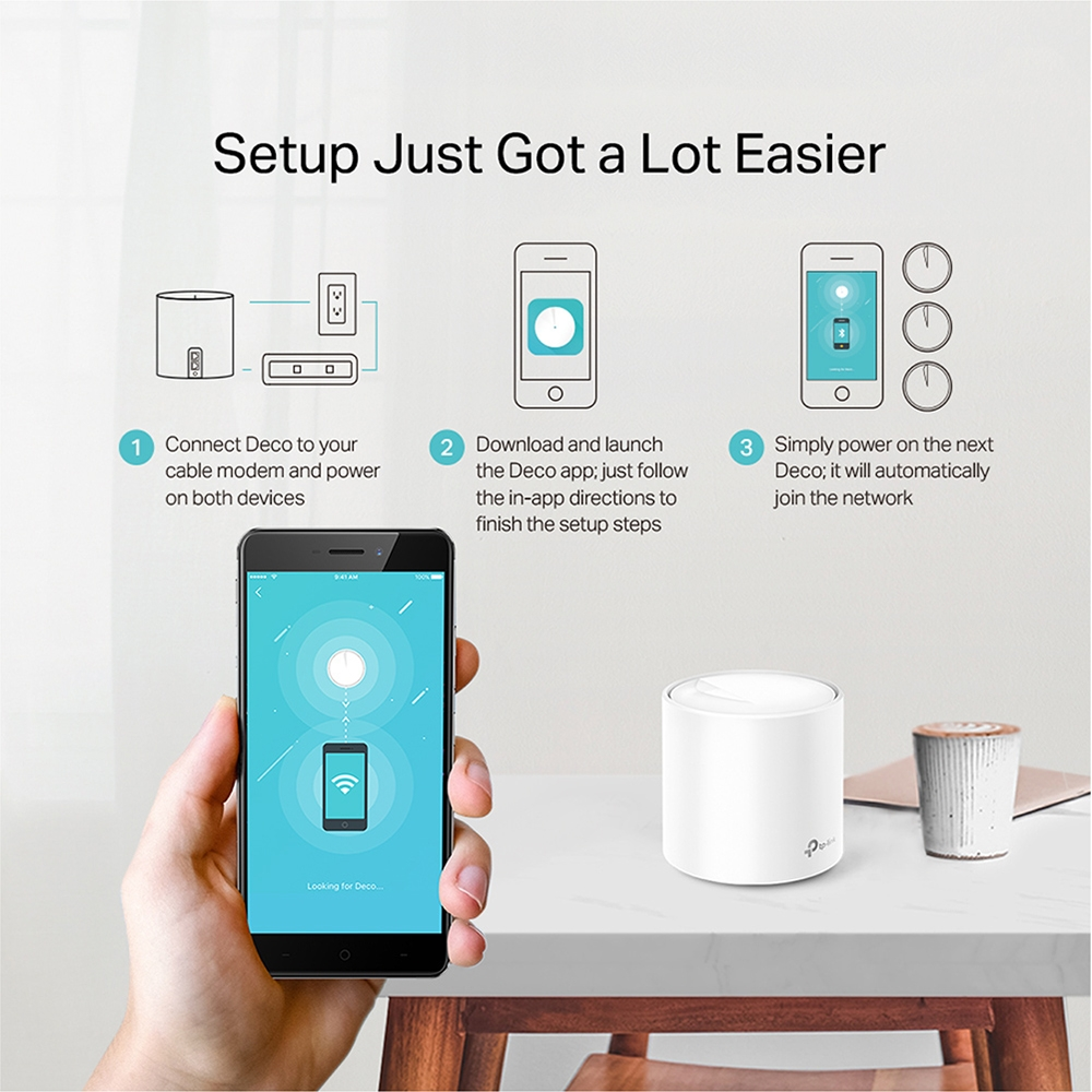 Setup instructions for a device, showing a device, phone, and a power outlet.