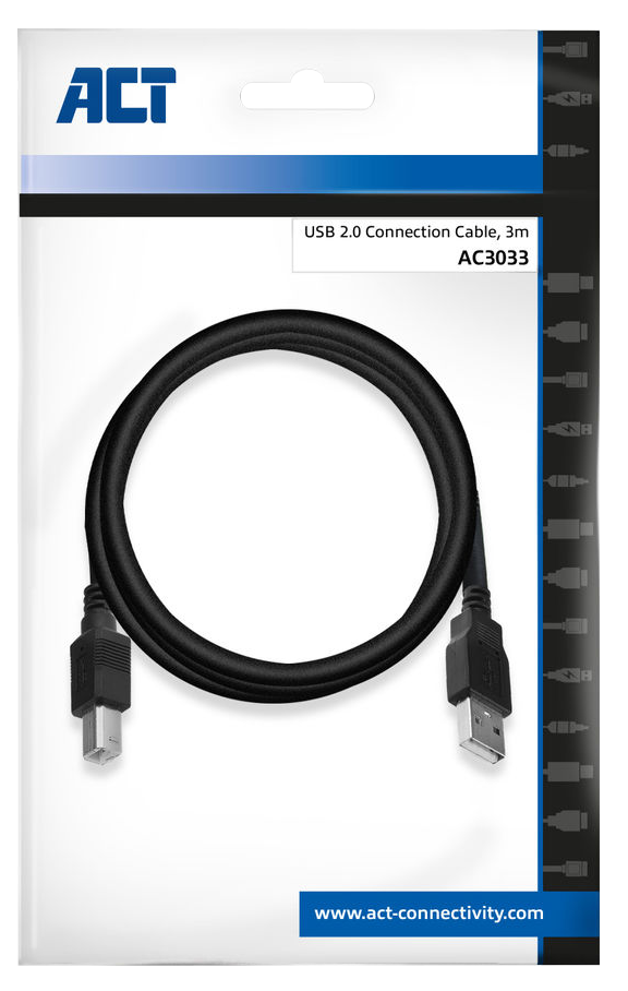 USB 2.0 csatlakozókábel csomagolása. A csomagolás fekete-fehér, belül a kábellel.