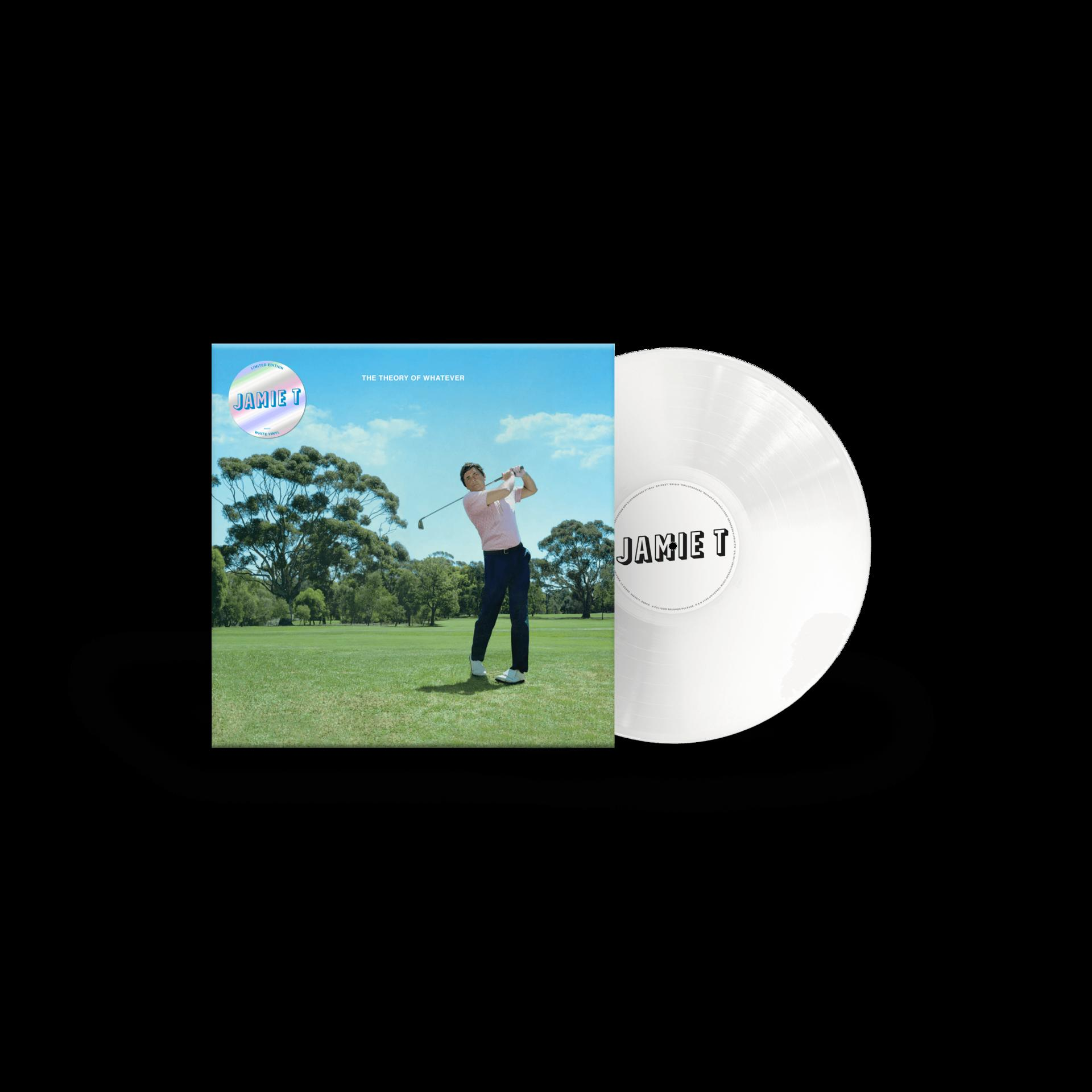 Albumcover mit einem Mann, der Golf spielt. Die Schallplatte ist weiß und teilweise sichtbar.