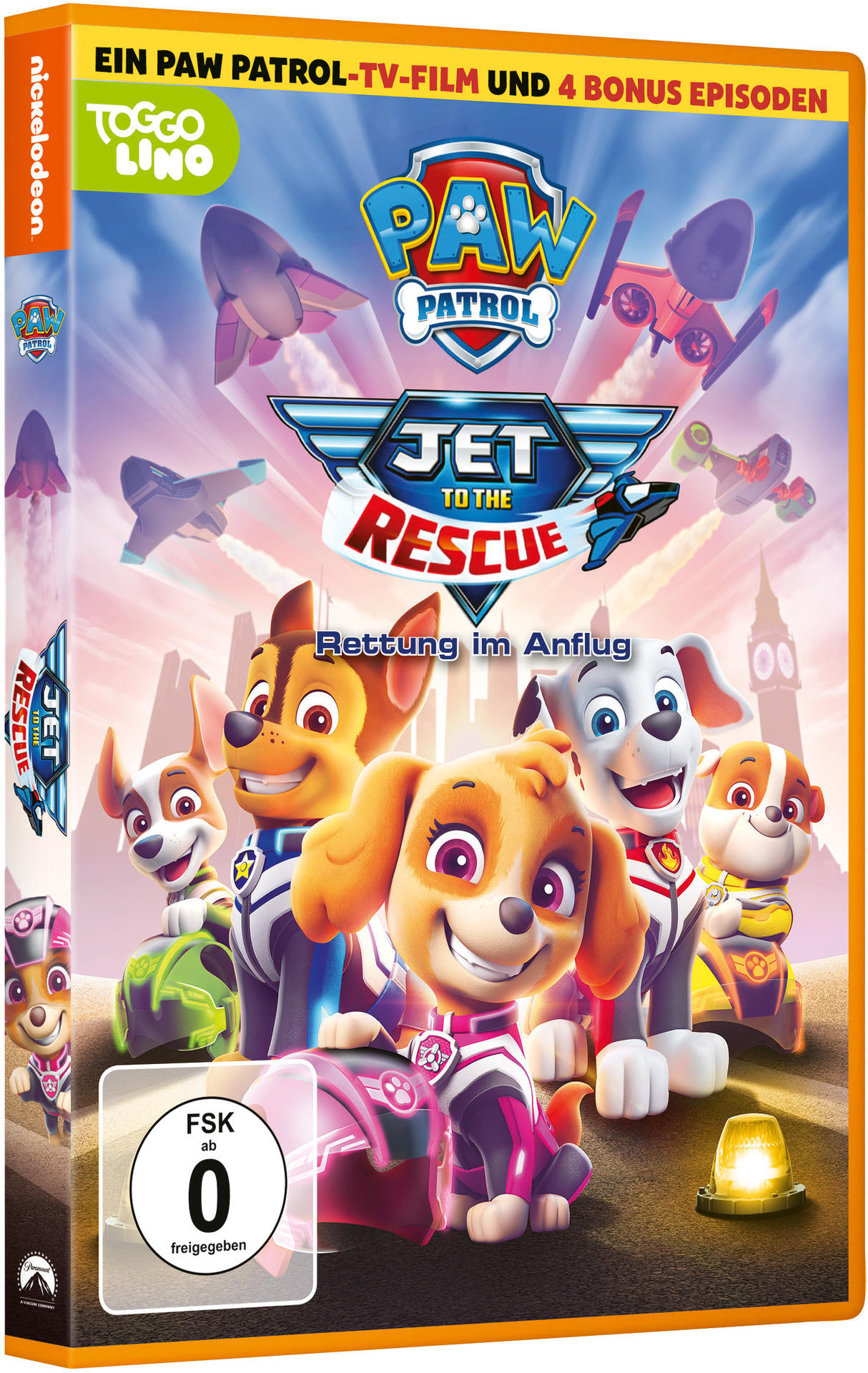 Eine DVD-Hülle von PAW Patrol. Der Film Jet to the Rescue wird mit den Welpen und dem Titel gezeigt.