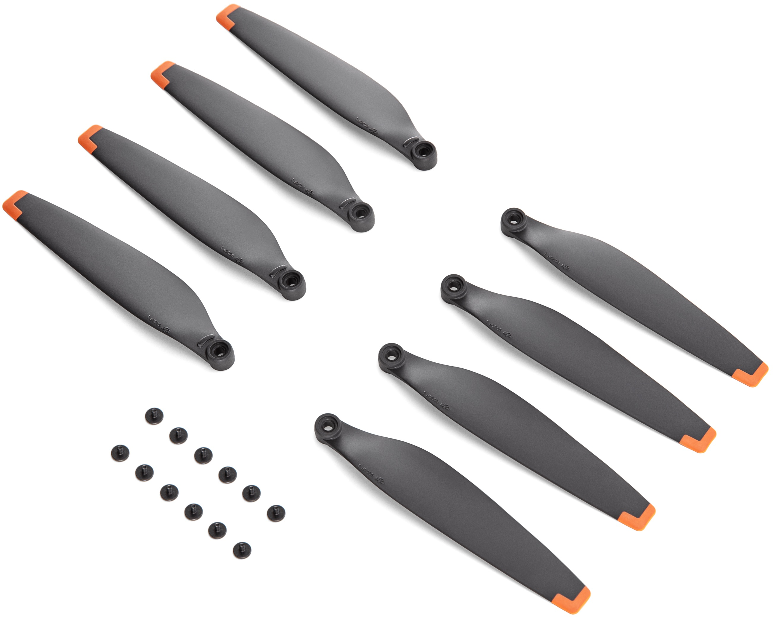 Ensemble d'hélices de drone grises avec embouts orange et vis.