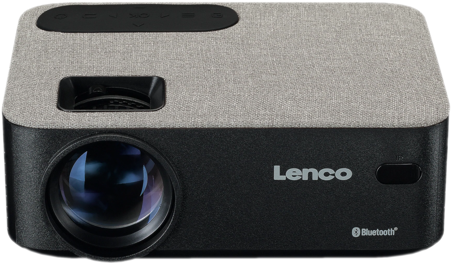 Projecteur Lenco gris avec des accents noirs, montrant l'objectif et les commandes.