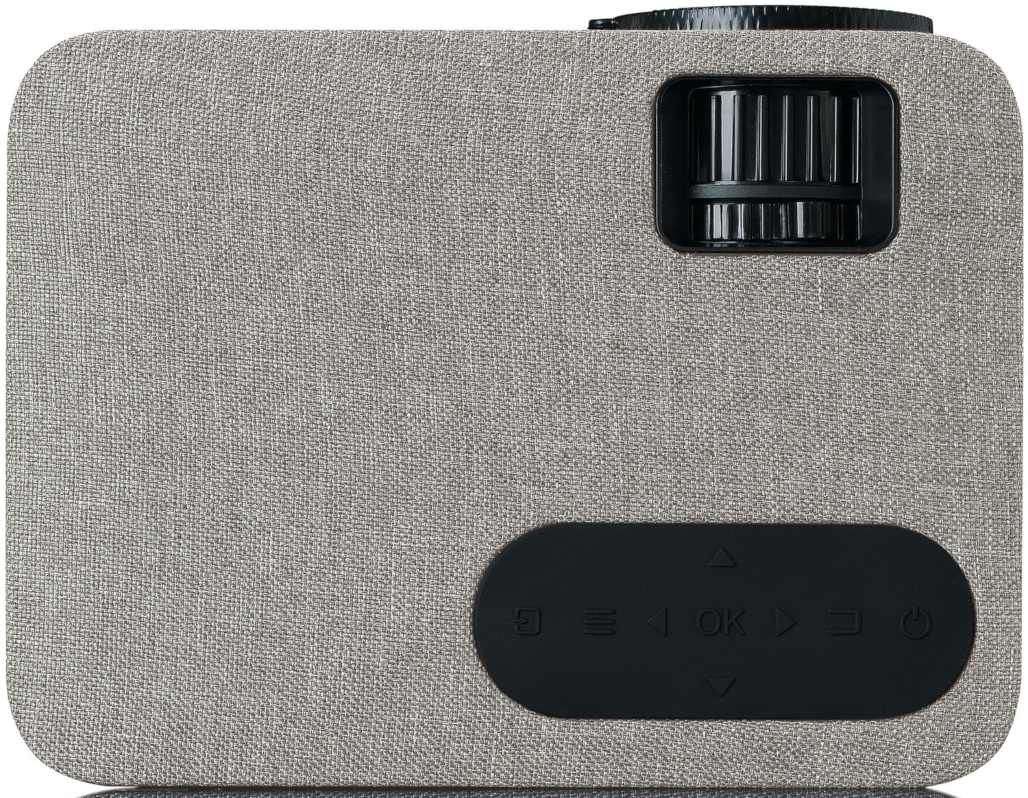 Projecteur avec une surface grise et des boutons de commande noirs.