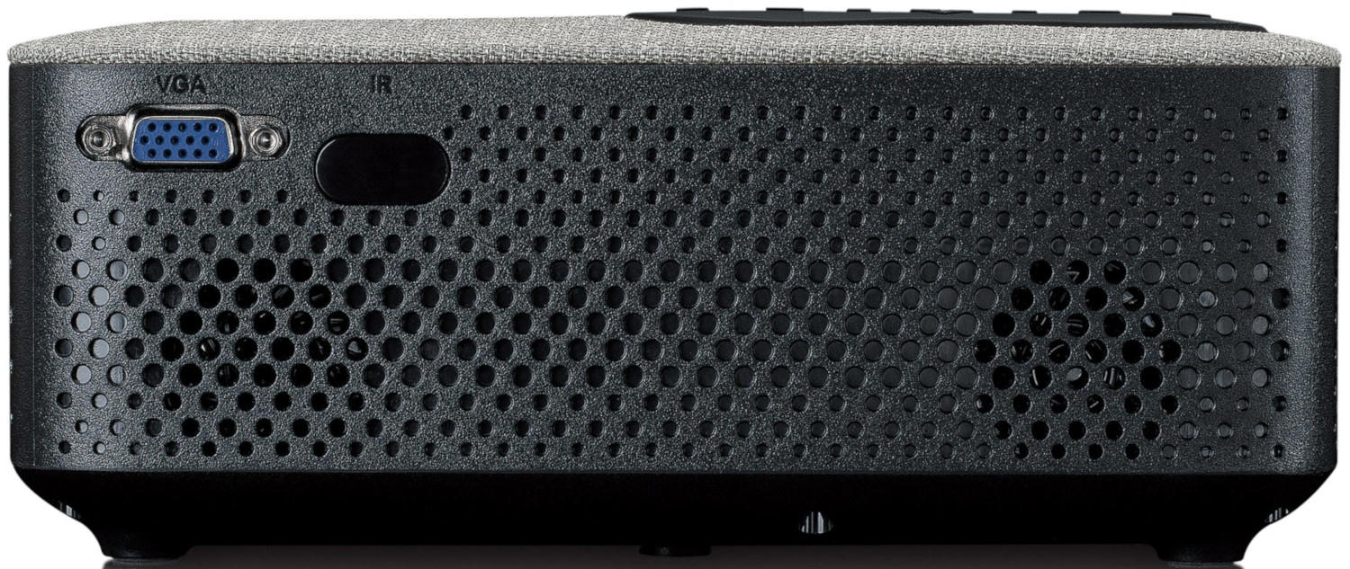 Panneau arrière du projecteur, avec ports VGA, IR et trous de ventilation. Le dessus est texturé.