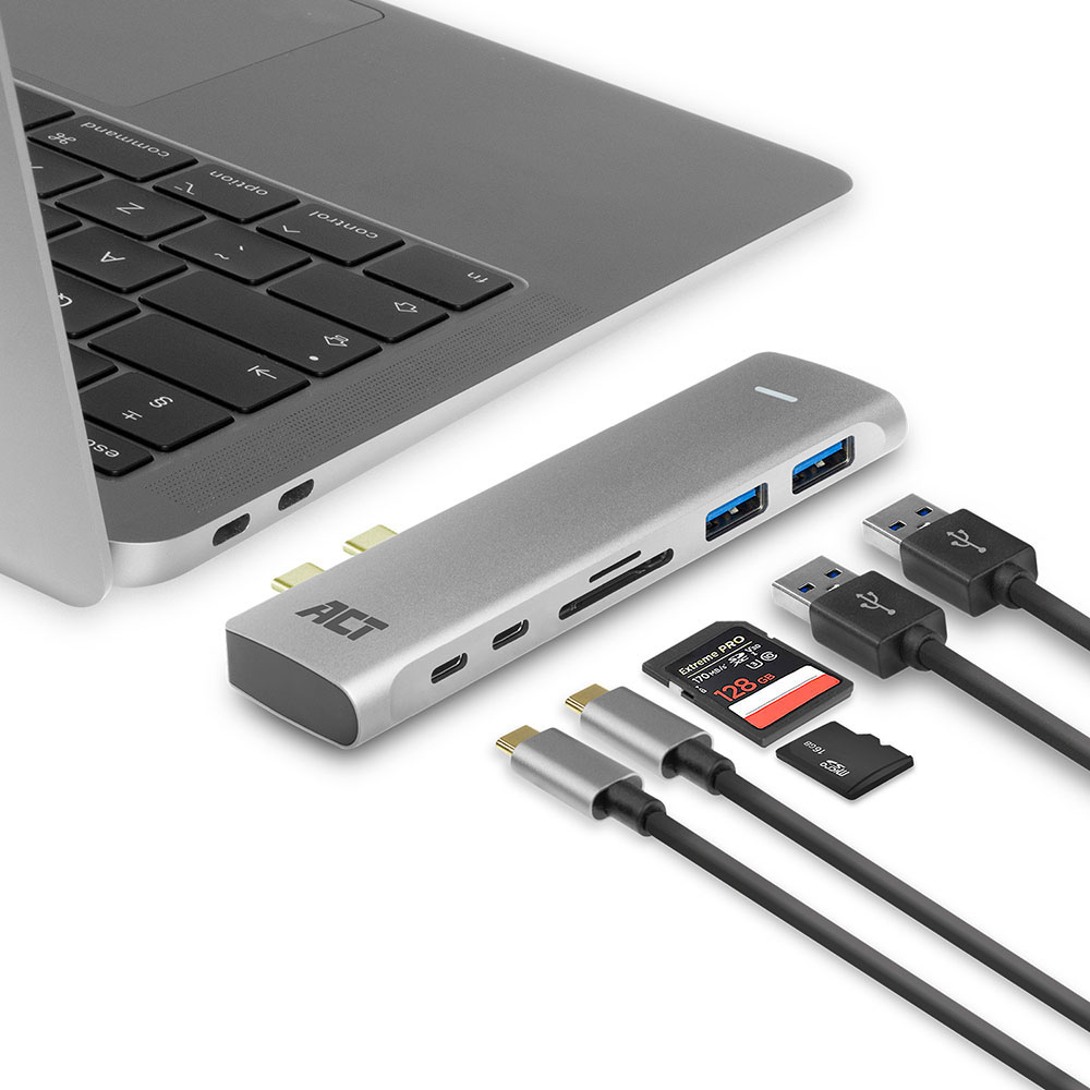 ACT Hub dubbel USB-C 7-in-1 Grijs (AC7025)
