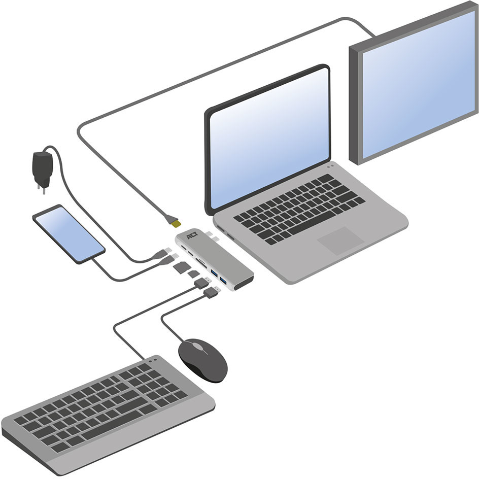 ACT Hub dubbel USB-C 7-in-1 Grijs (AC7025)