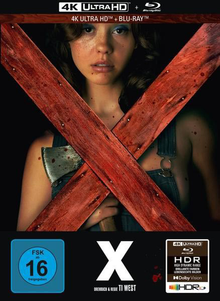 Filmcover des Films X. Eine Frau mit einem roten X über sich, die eine Axt hält. 4K Ultra HD Blu-ray.