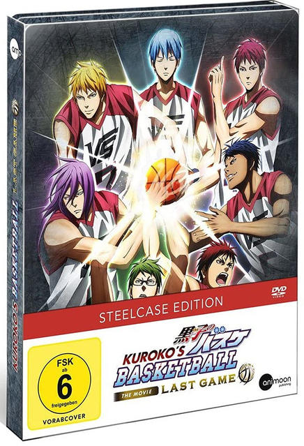 Anime-DVD-Hülle mit Charakteren, Basketball und Titel auf Japanisch. Steelcase-Edition und Bewertungsetikett.