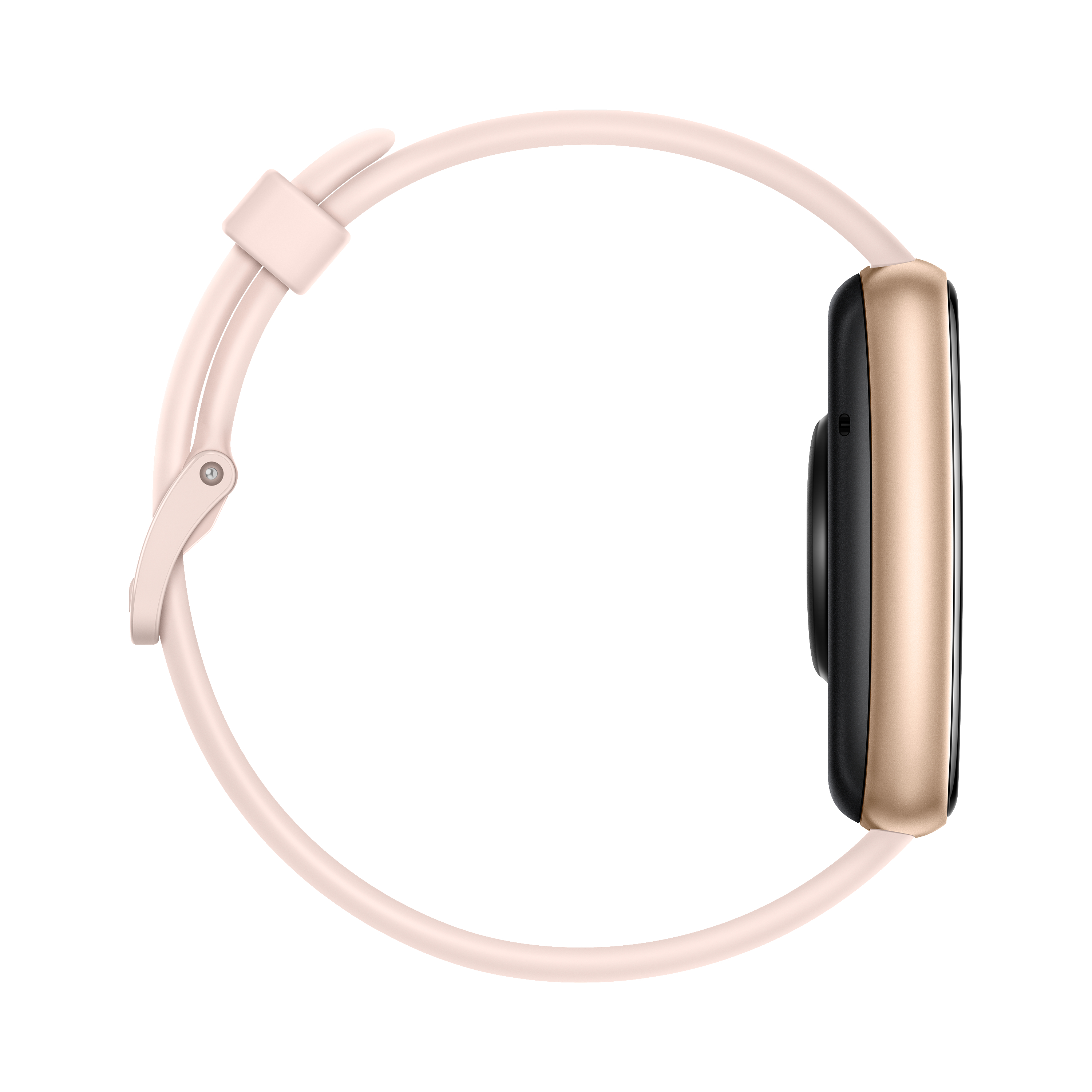 Seitenansicht einer roségoldenen Smartwatch mit pinkfarbenem Armband.
