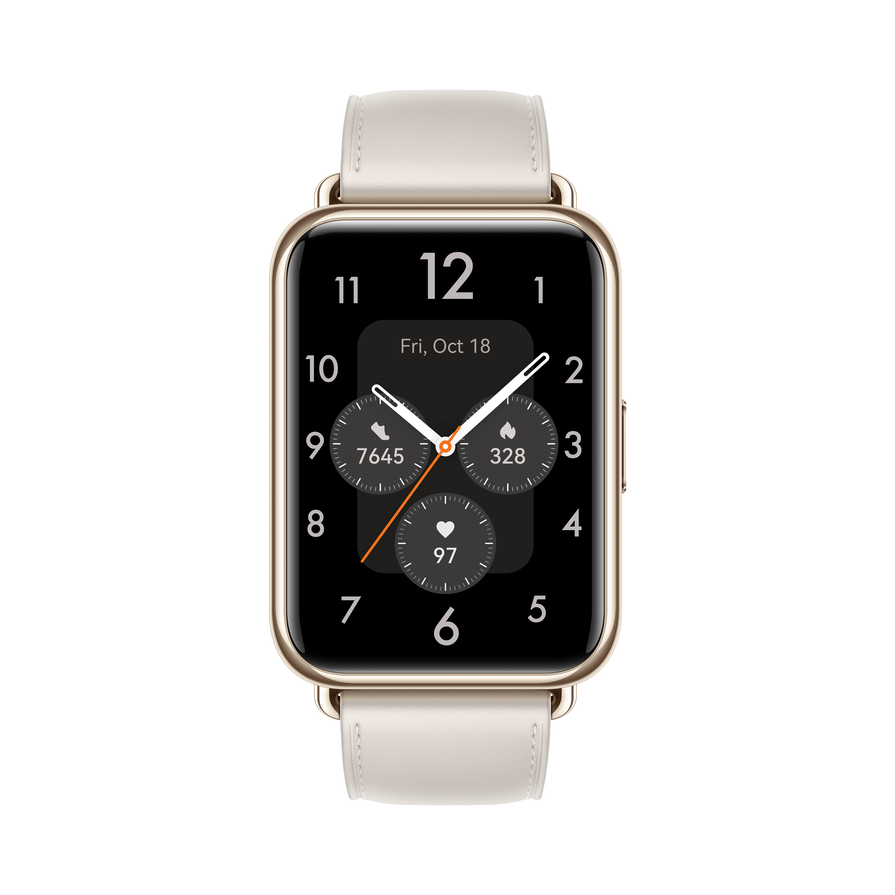 Eine goldene und weiße Smartwatch mit einem Bildschirm, der Zeit und Statistiken anzeigt.