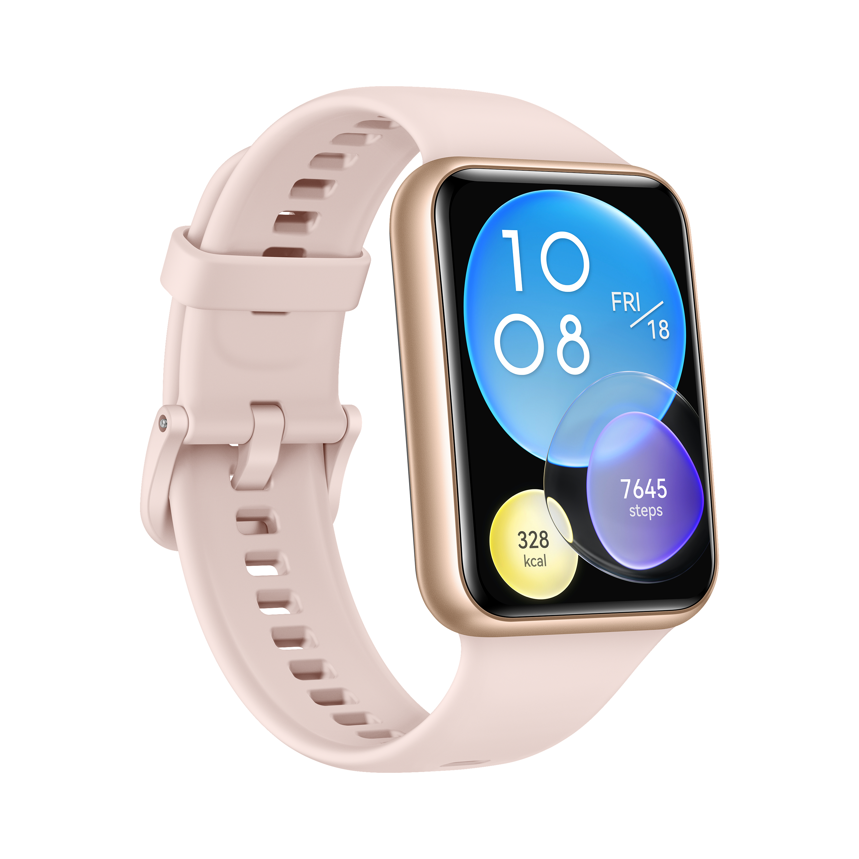 Eine rosa Smartwatch mit goldenem Rahmen, die Zeit, Datum, Schritte und Kalorien anzeigt.
