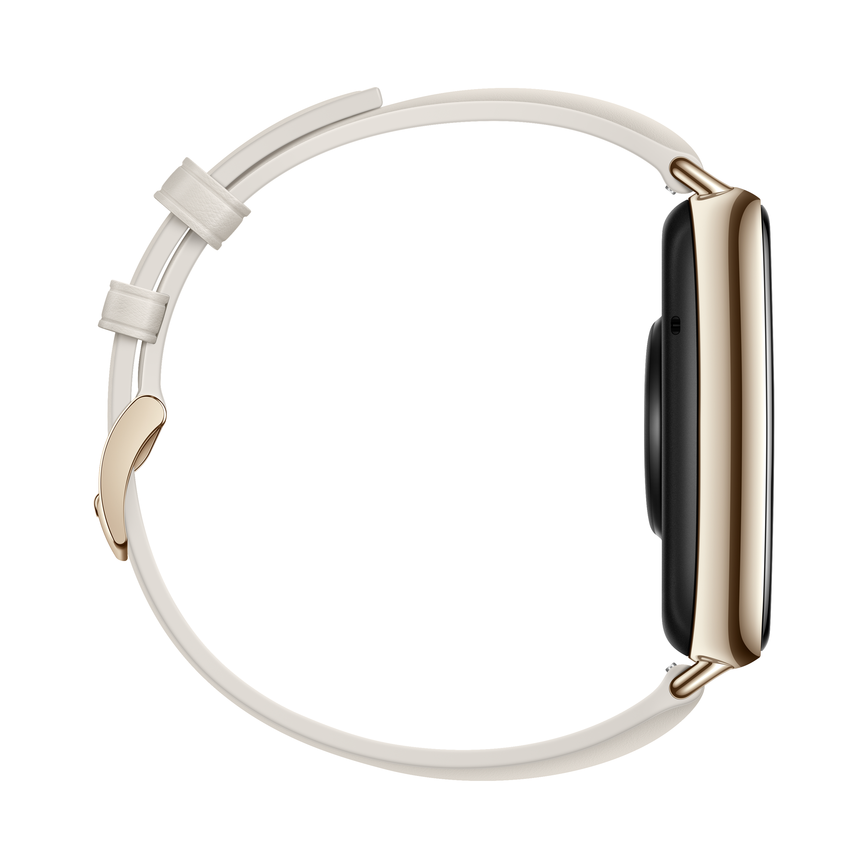 Smartwatch mit goldfarbenem Gehäuse und weißem Armband.