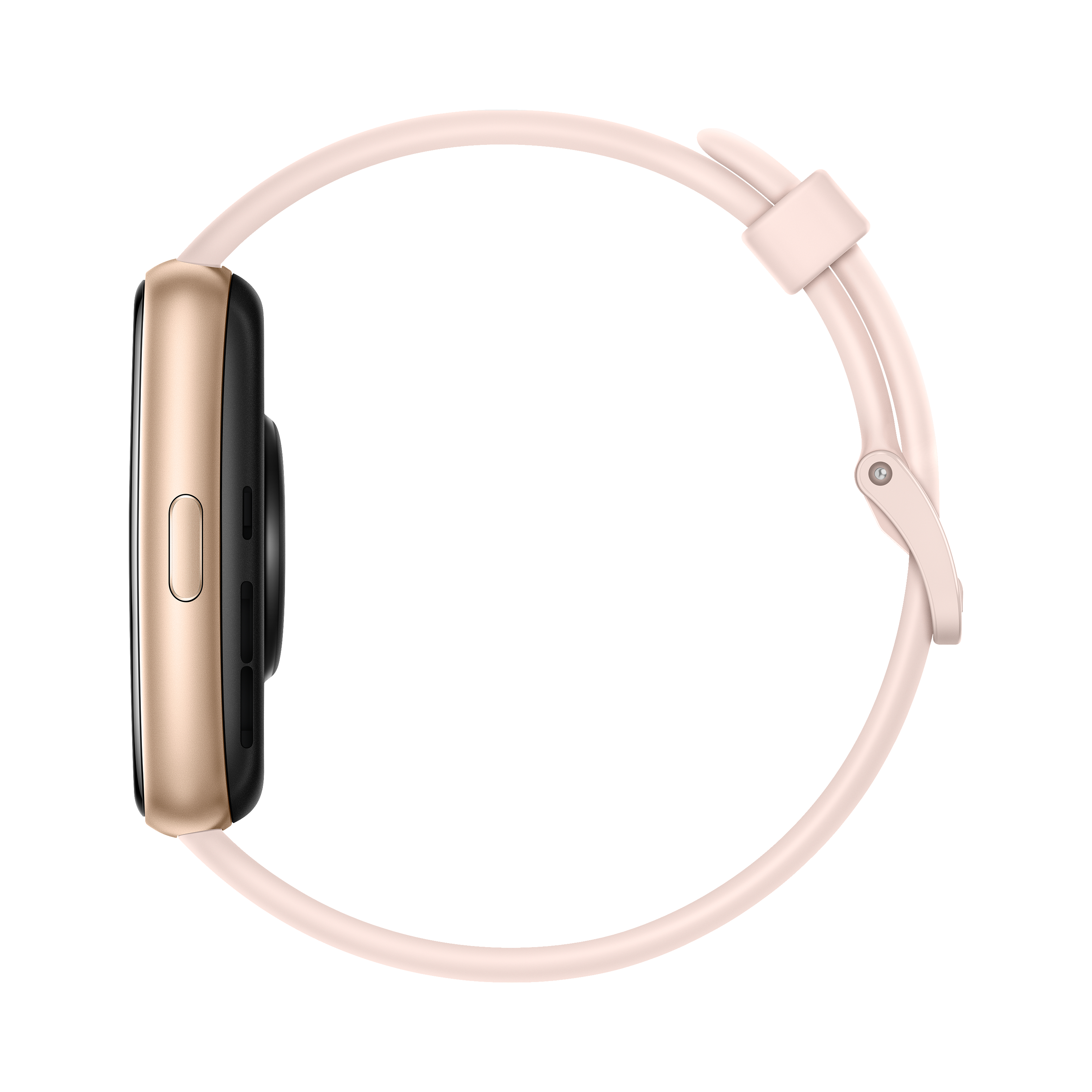 Eine Seitenansicht einer Smartwatch. Die Uhr hat einen goldenen Rahmen und ein rosa Armband.
