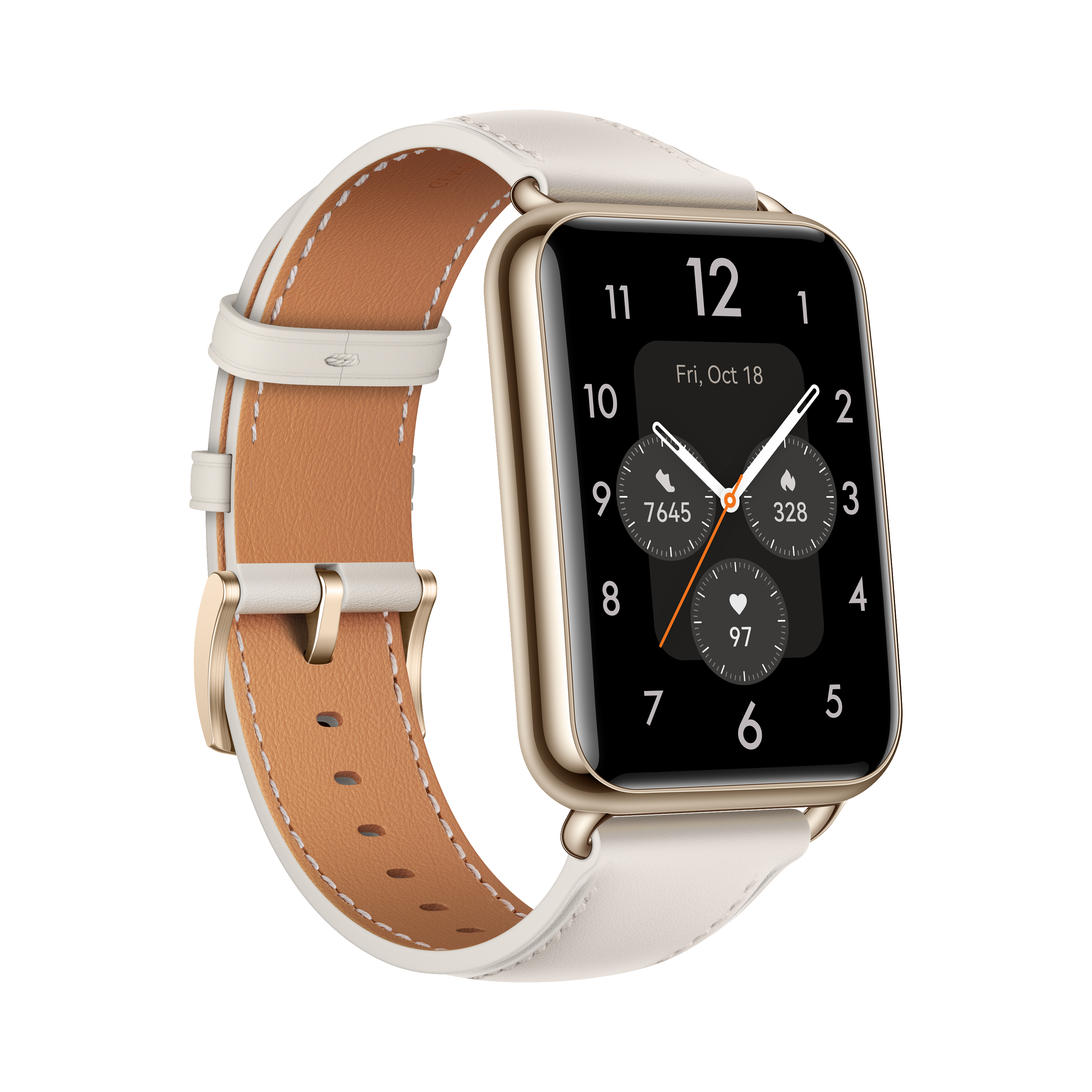 Goldene Smartwatch mit weißem Armband. Zeigt Zeit an: Fr, 18. Okt., mit drei kreisförmigen Zifferblättern.