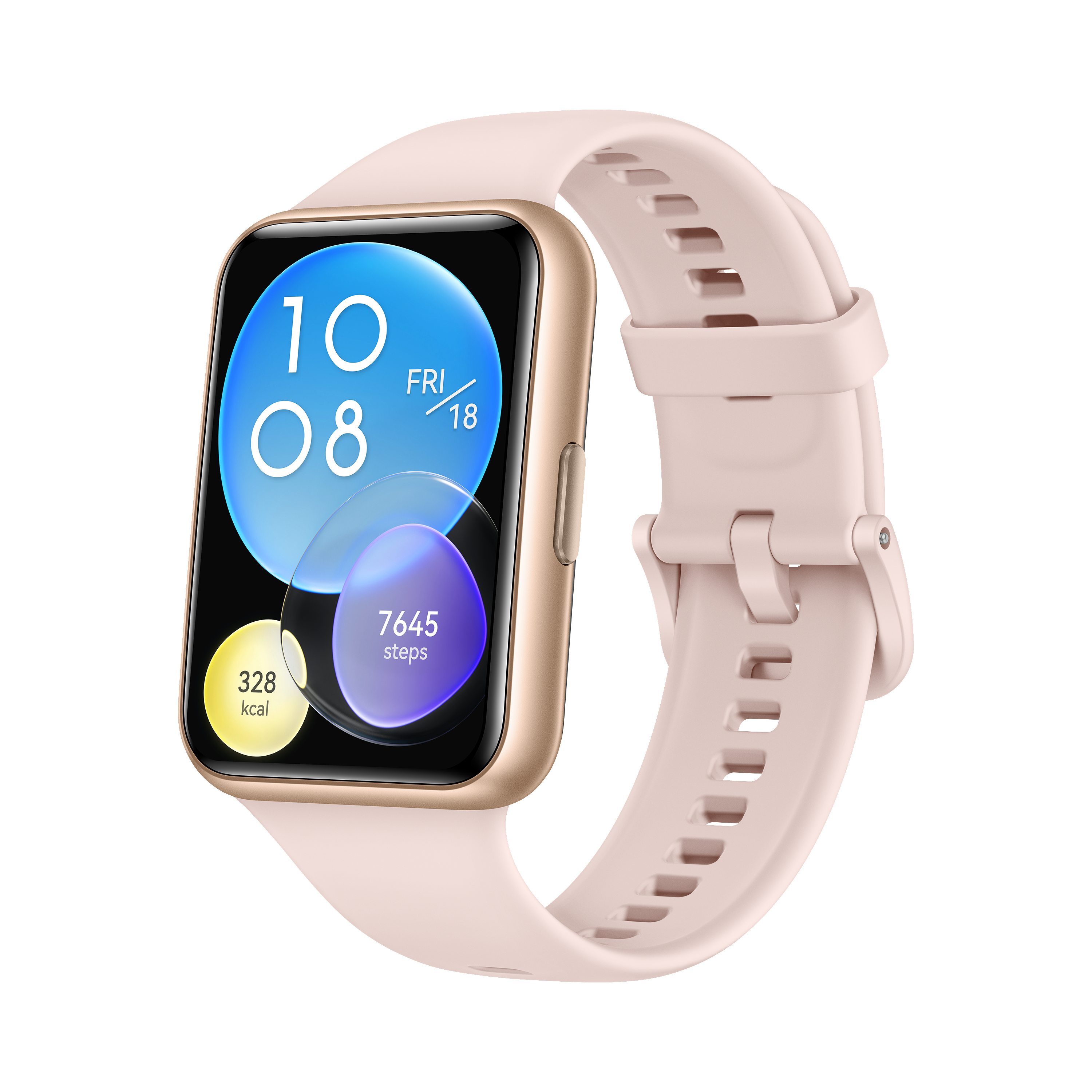 Eine Smartwatch mit rosa Armband, zeigt Zeit, Datum, Schritte und Kalorien auf dem Bildschirm.