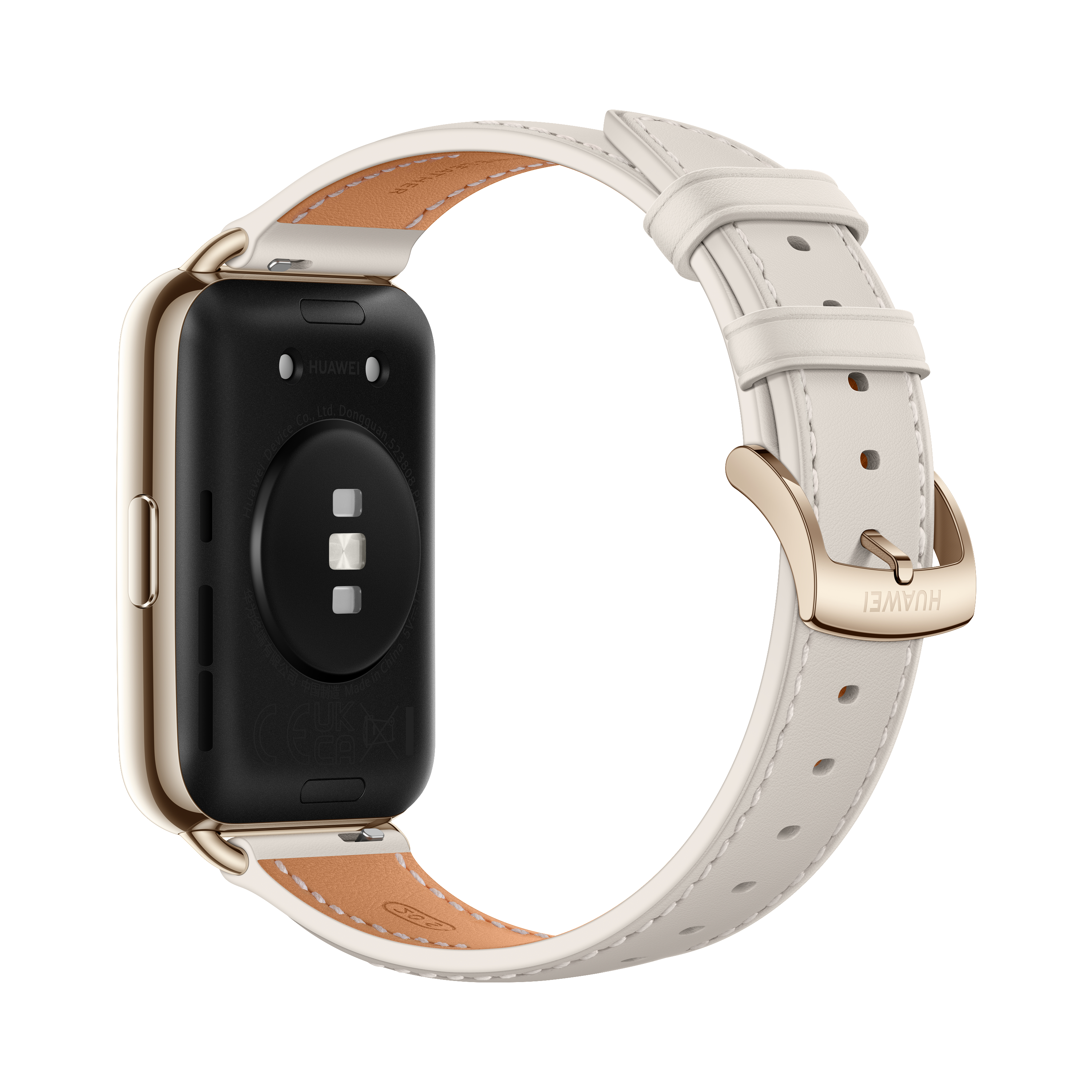 Huawei Smartwatch, goldener Rahmen, weißes Lederarmband, Schnalle. Rückseite zeigt Sensoren und Text.