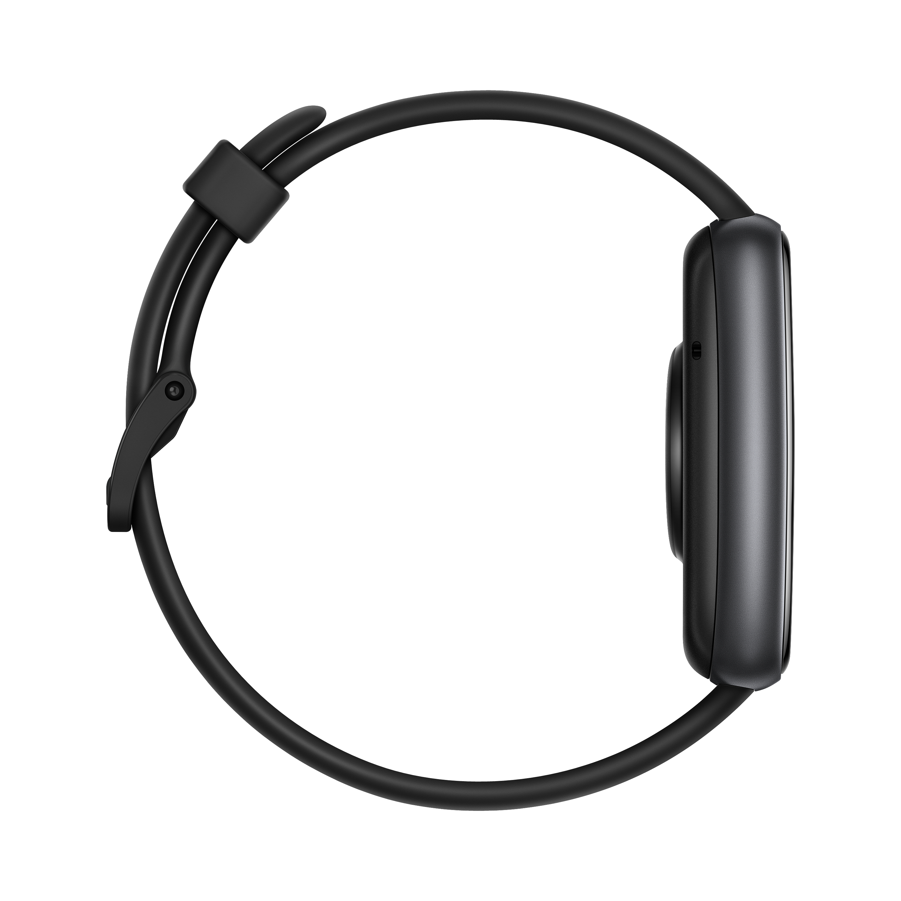 Schwarze, rechteckige Smartwatch mit abgerundeten Kanten und schwarzem Armband, von der Seite gesehen.