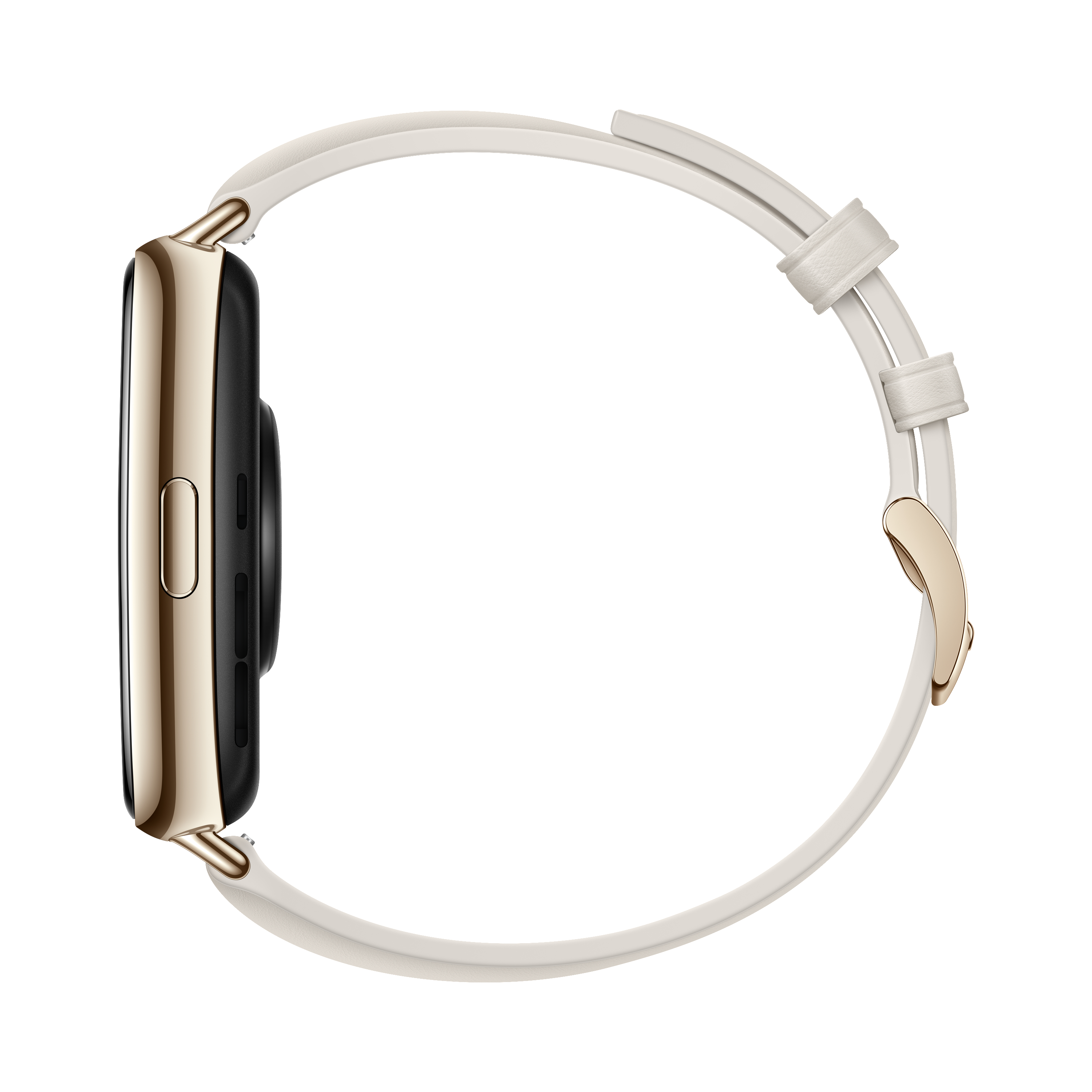 Seitenansicht einer goldenen Smartwatch mit weißem Armband. Isoliert auf weißem Hintergrund.