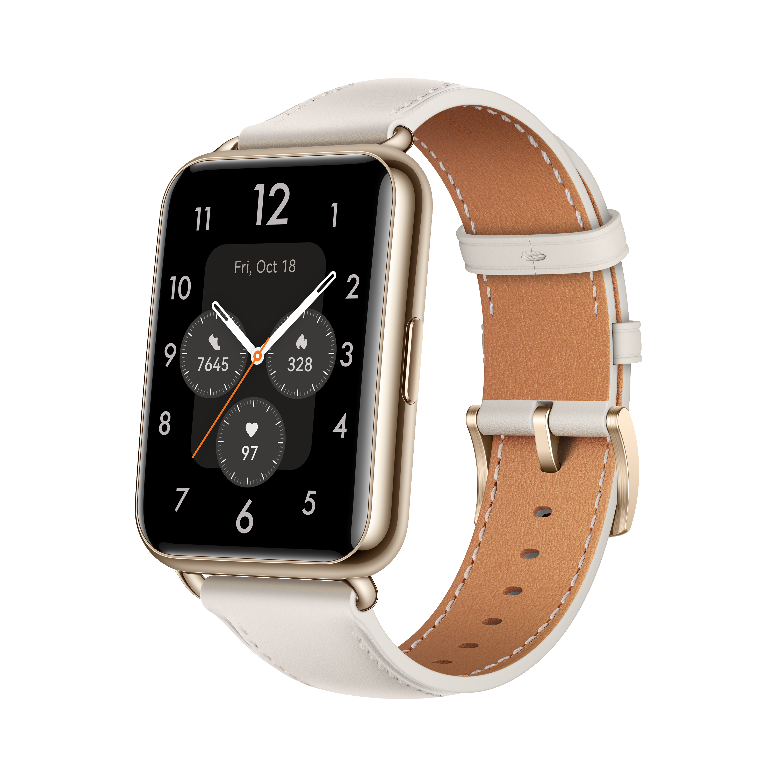 Smartwatch mit weißem Armband. Das Zifferblatt zeigt die Uhrzeit und andere Metriken.