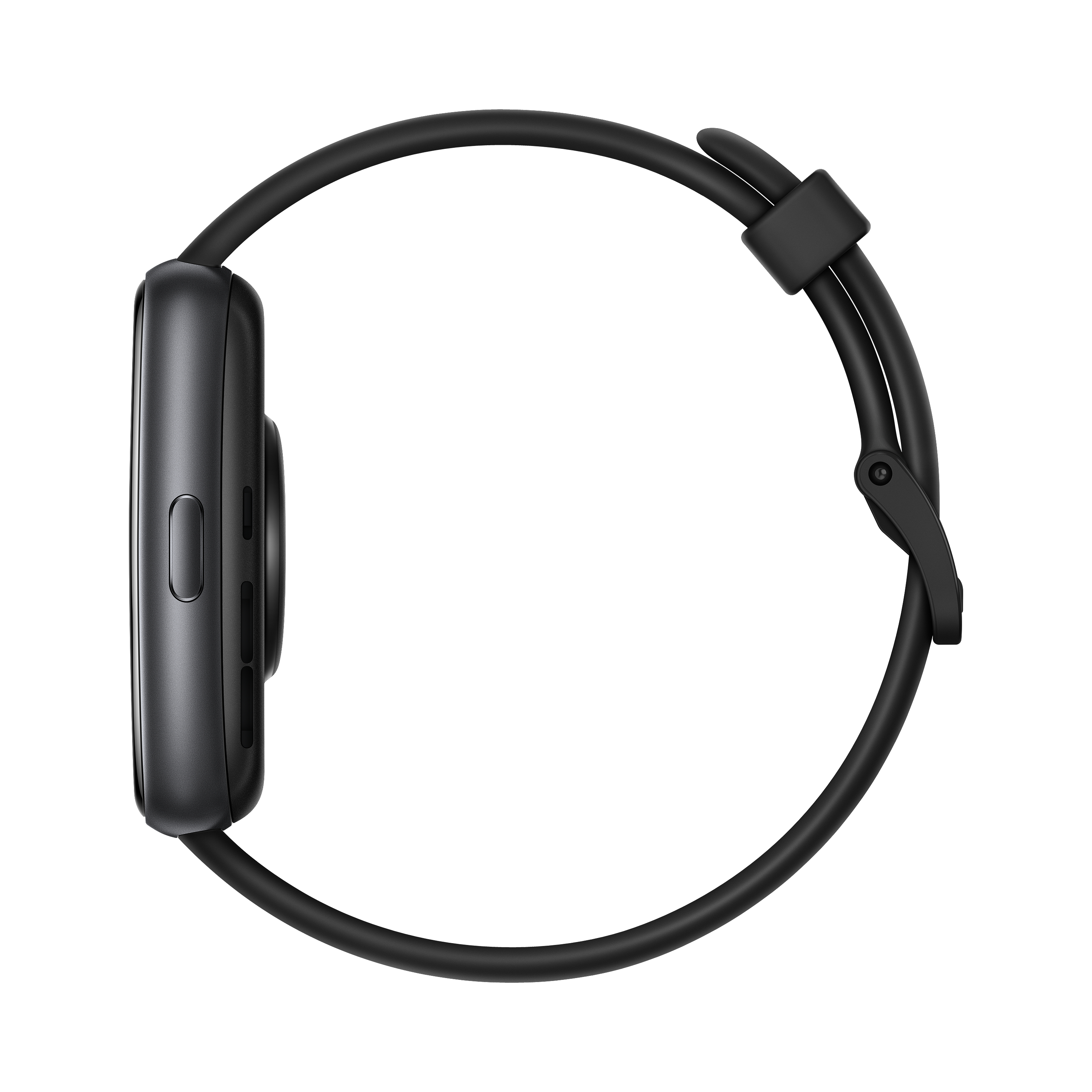 Schwarze Smartwatch, Seitenansicht. Schwarzes Armband, gebogene Form.