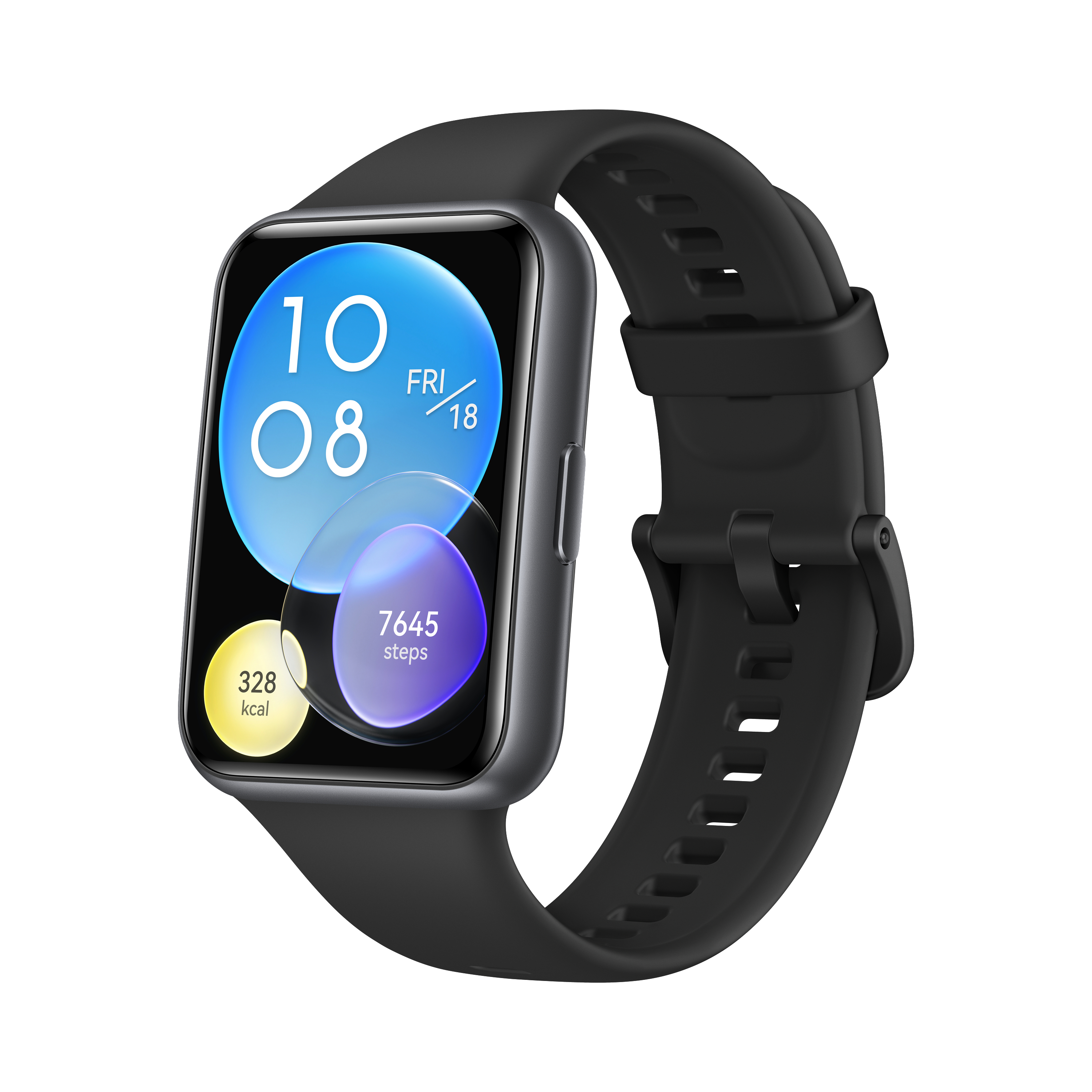 Schwarze Smartwatch mit quadratischem Bildschirm, der Zeit, Datum und Aktivitätsdaten anzeigt.