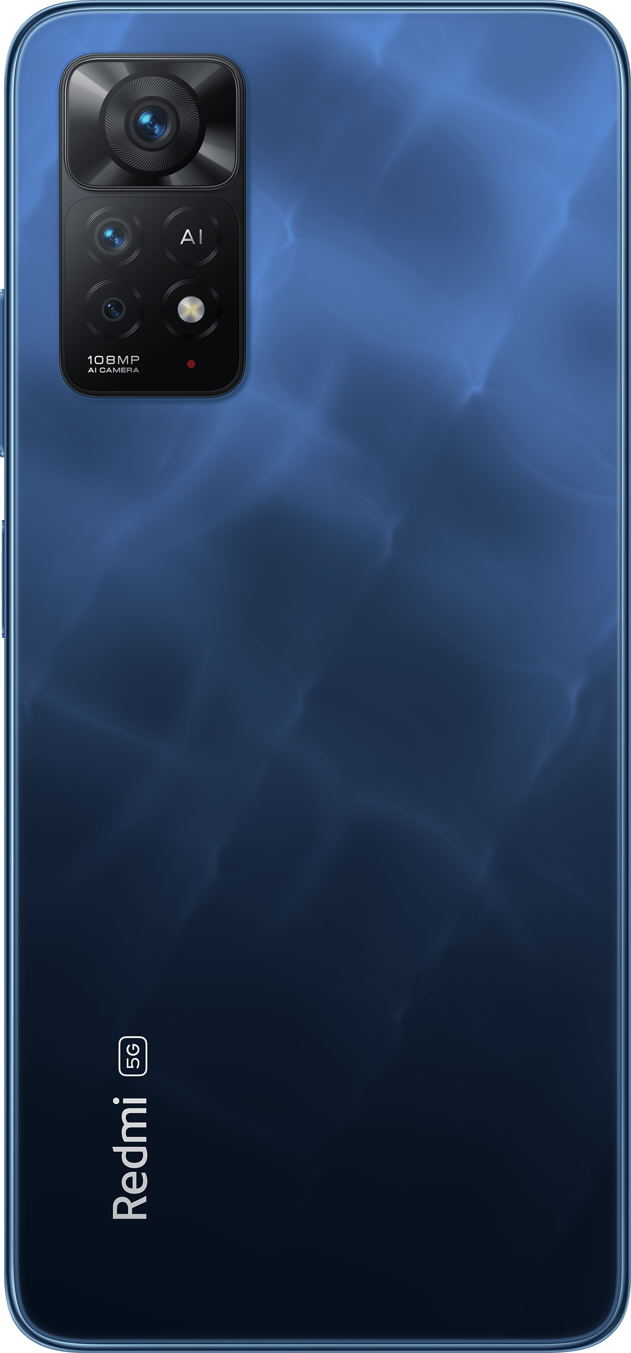 Mavi bir akıllı telefonun arka yüzü, kamera çıkıntısı ve alt kısımda 'Redmi' logosu.