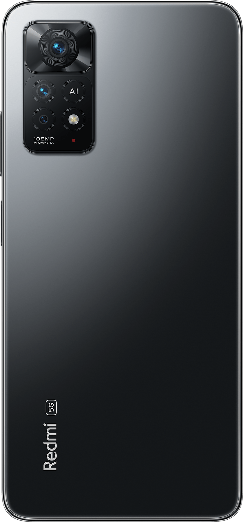 Gri bir akıllı telefonun arka yüzü, bir kamera modülü ve Redmi 5G logosu ile.
