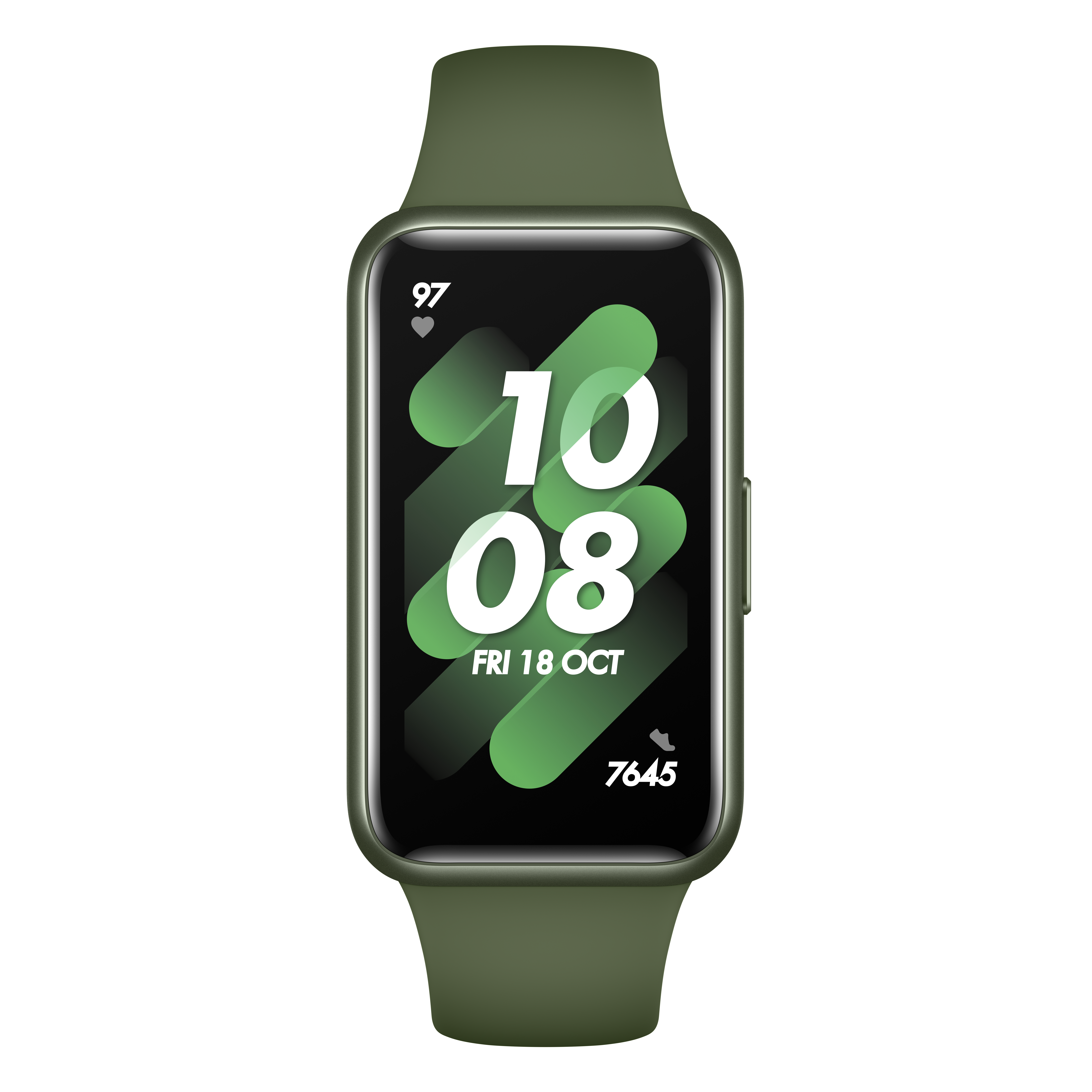 Grüne Huawei Smartwatch mit grünem Armband, zeigt Datum und Uhrzeit.