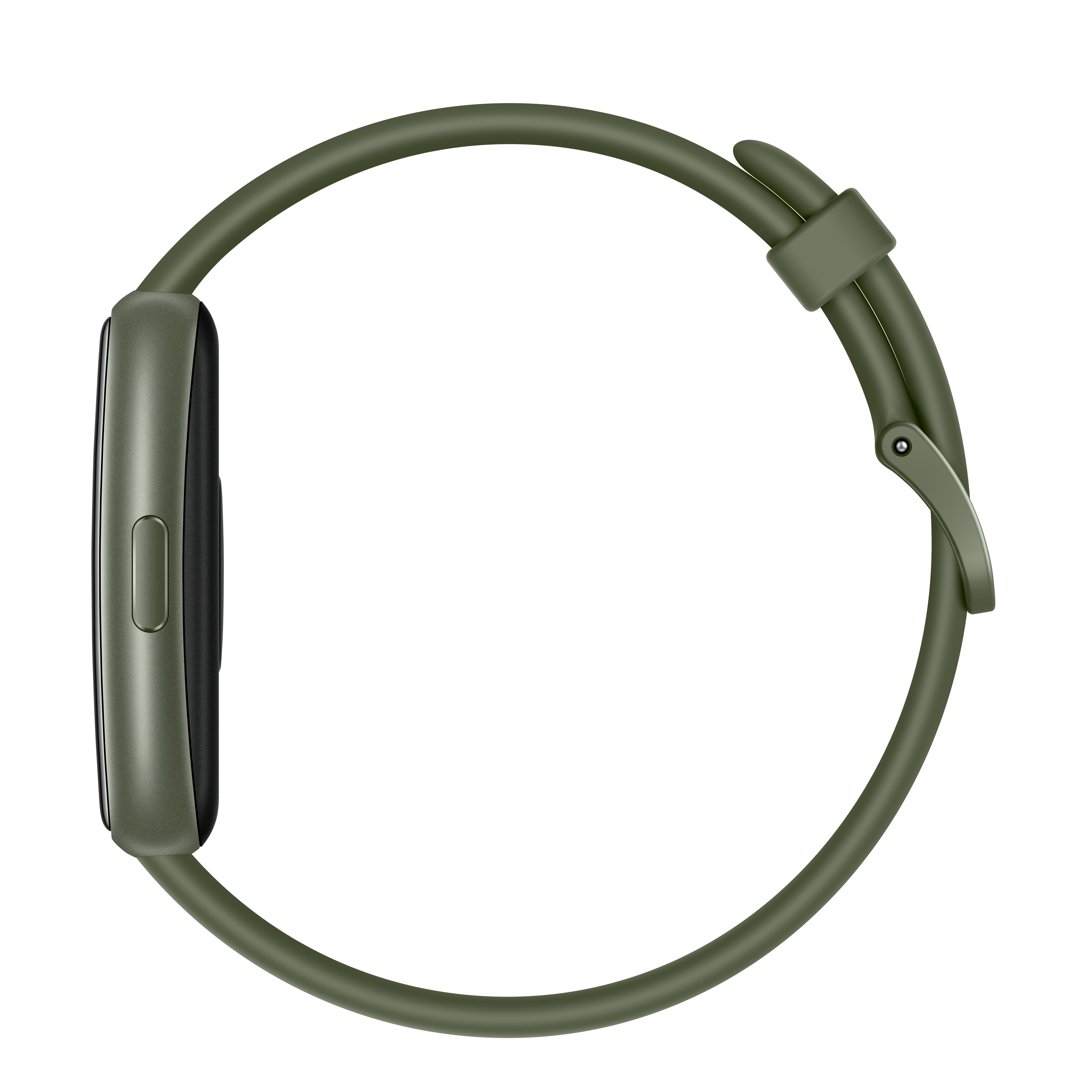 Seitenansicht einer grünen Smartwatch mit grünem Armband, auf weißem Hintergrund.