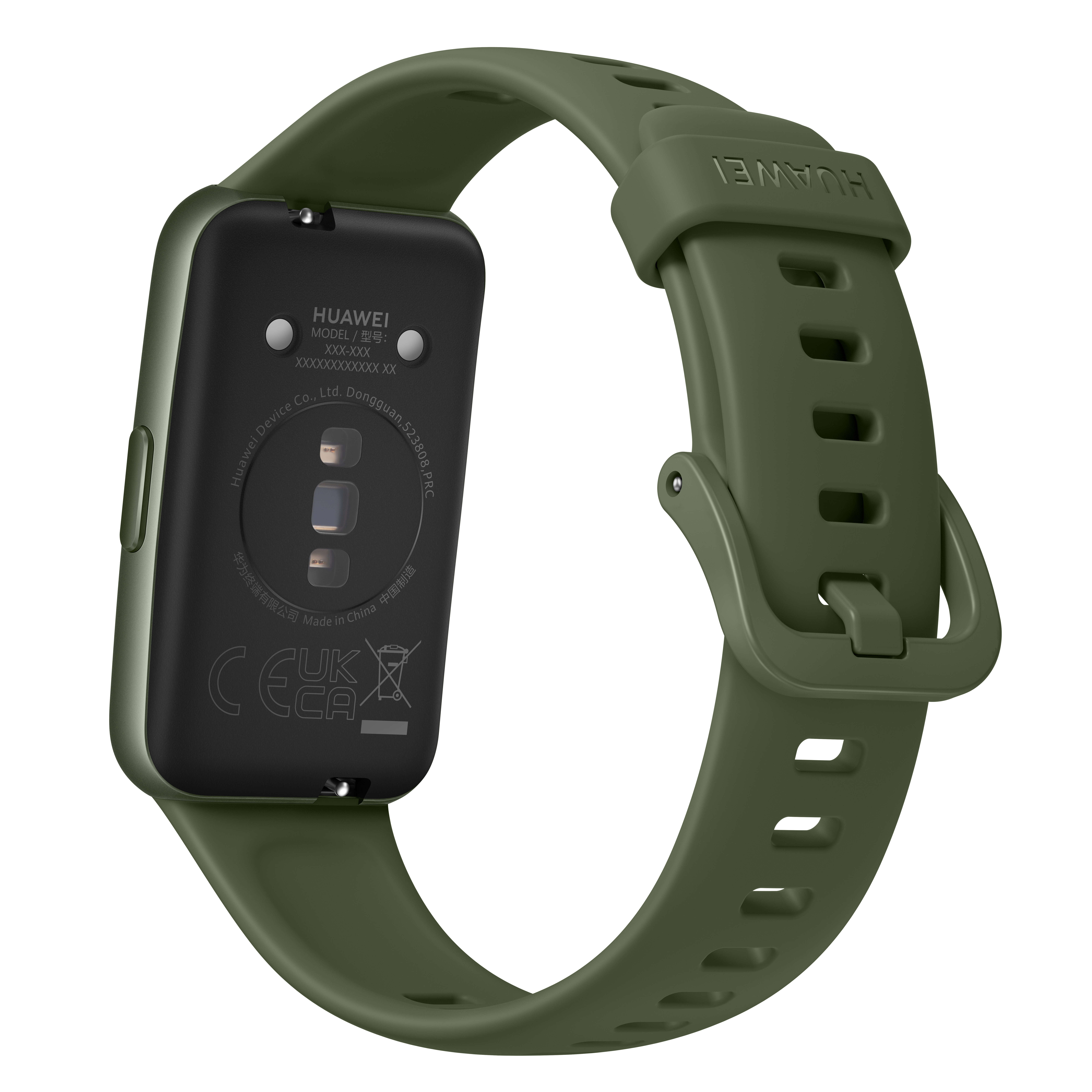 Grüne Huawei-Smartwatch mit grünem Armband, Rückansicht, Modelldetails sichtbar.